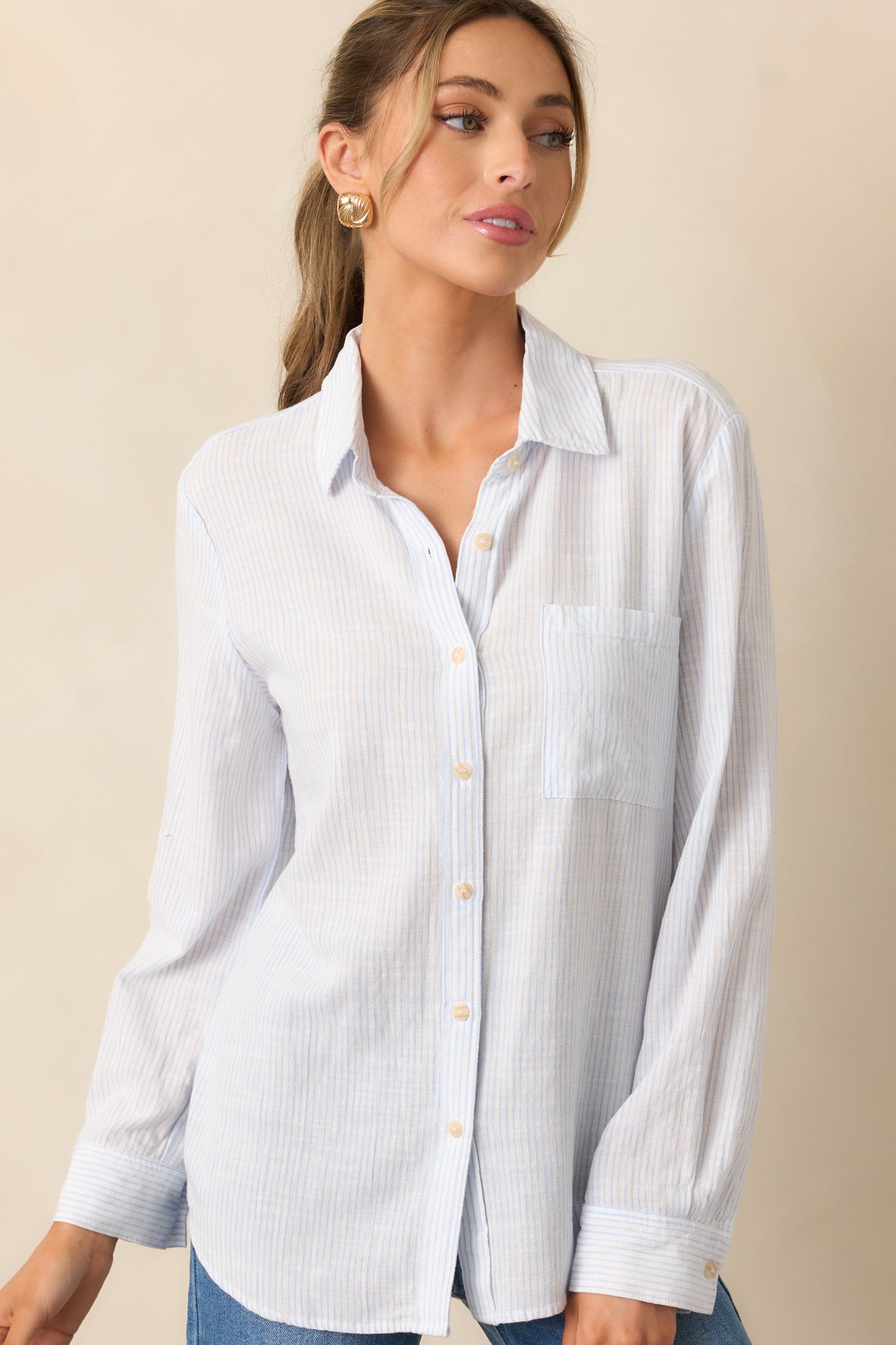 Brighter Days Light Blue Stripe Button Front Top