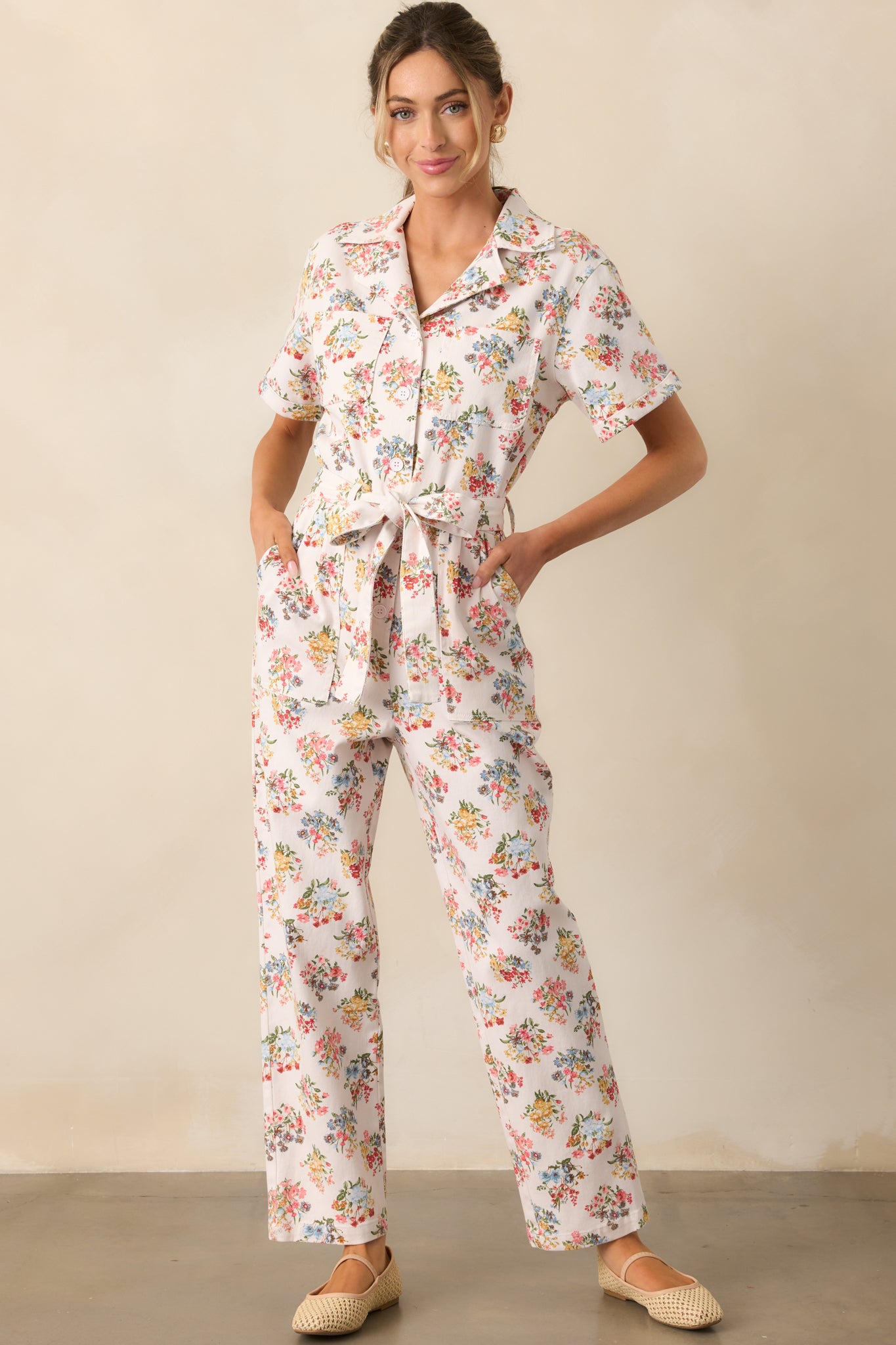 A Day At The Market Ivory Floral Button Front Jumpsuit