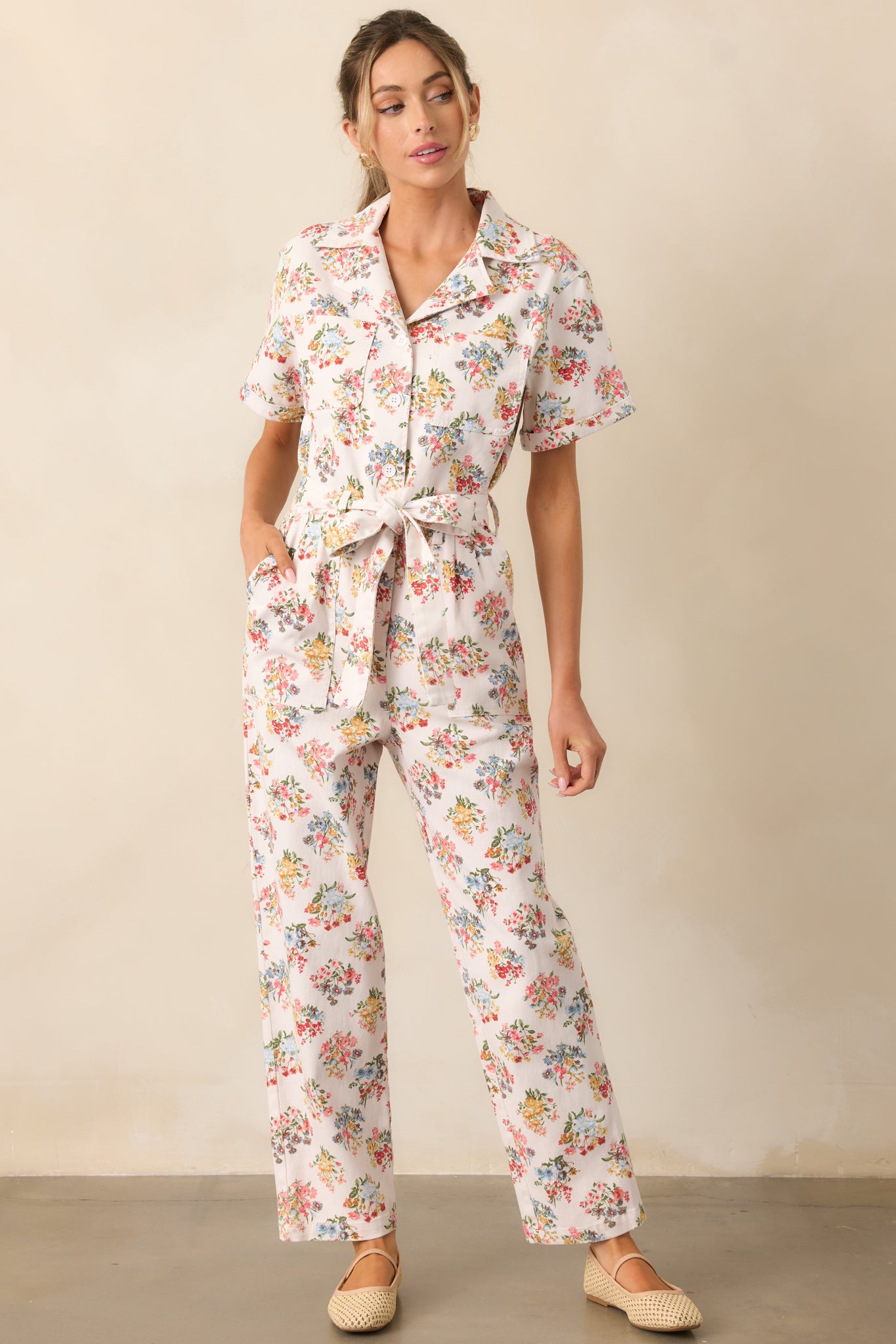 A Day At The Market Ivory Floral Button Front Jumpsuit