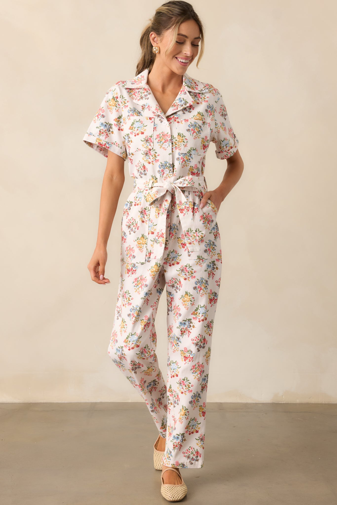 A Day At The Market Ivory Floral Button Front Jumpsuit