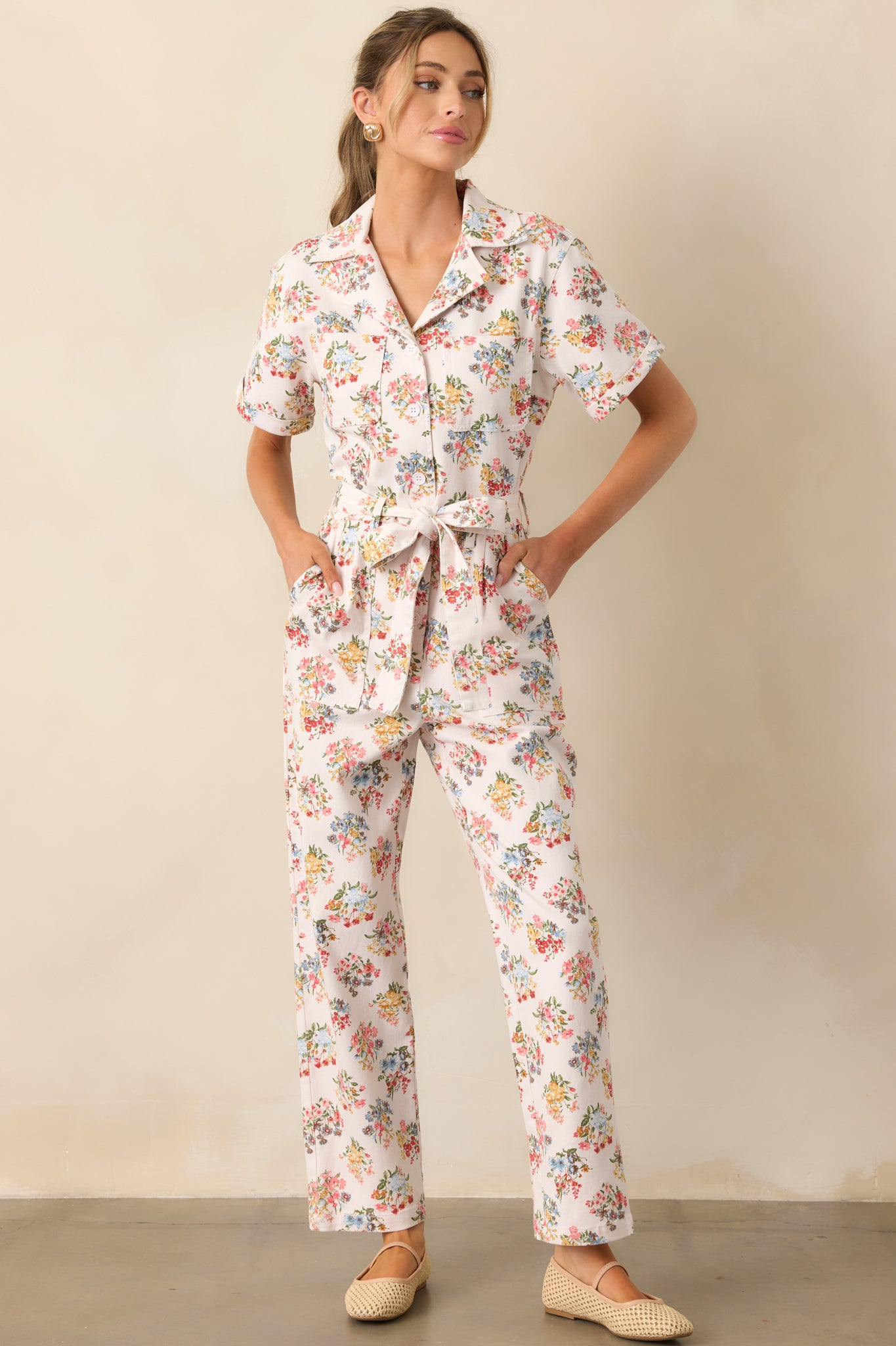 A Day At The Market Ivory Floral Button Front Jumpsuit