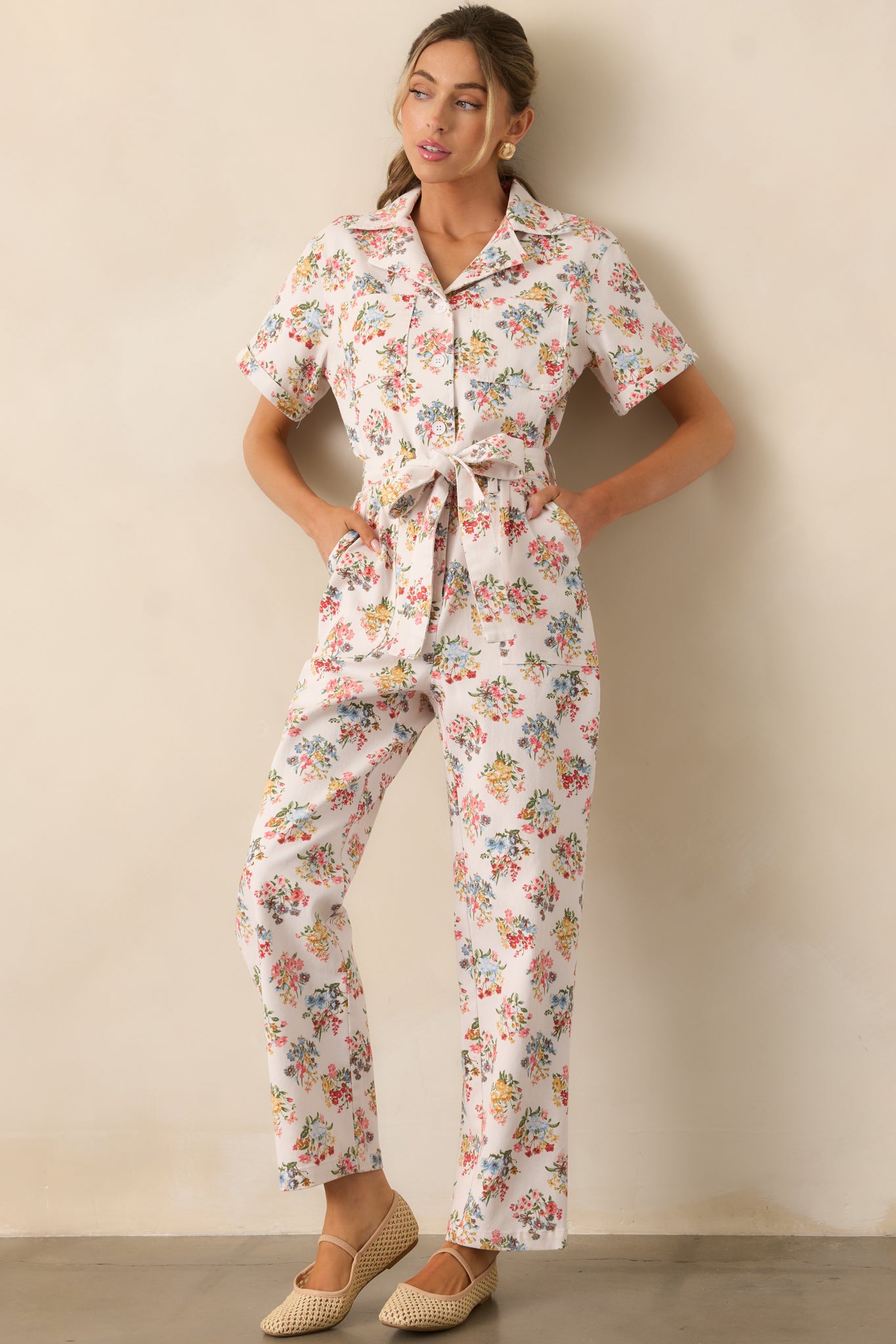 A Day At The Market Ivory Floral Button Front Jumpsuit