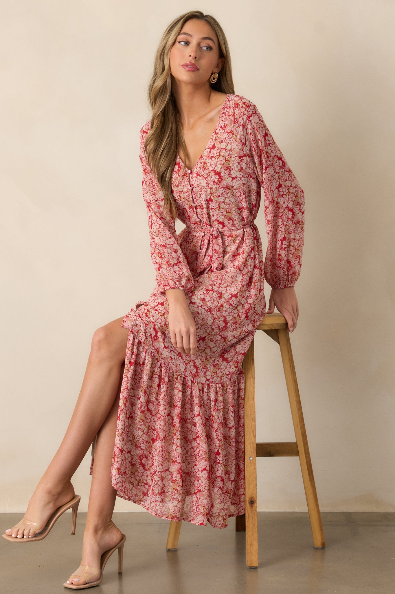 En Saison Ditsy Floral Puff Sleeve Pleated All Cranberry Floral online maxi dress