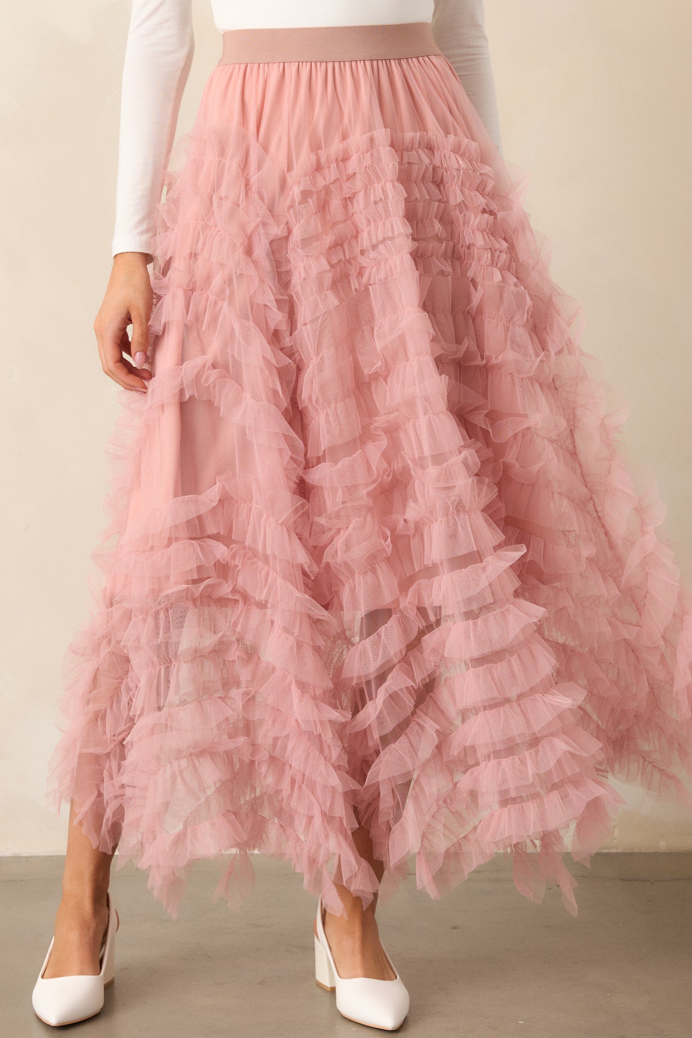 Shopping Spree Rose Tulle Midi Skirt