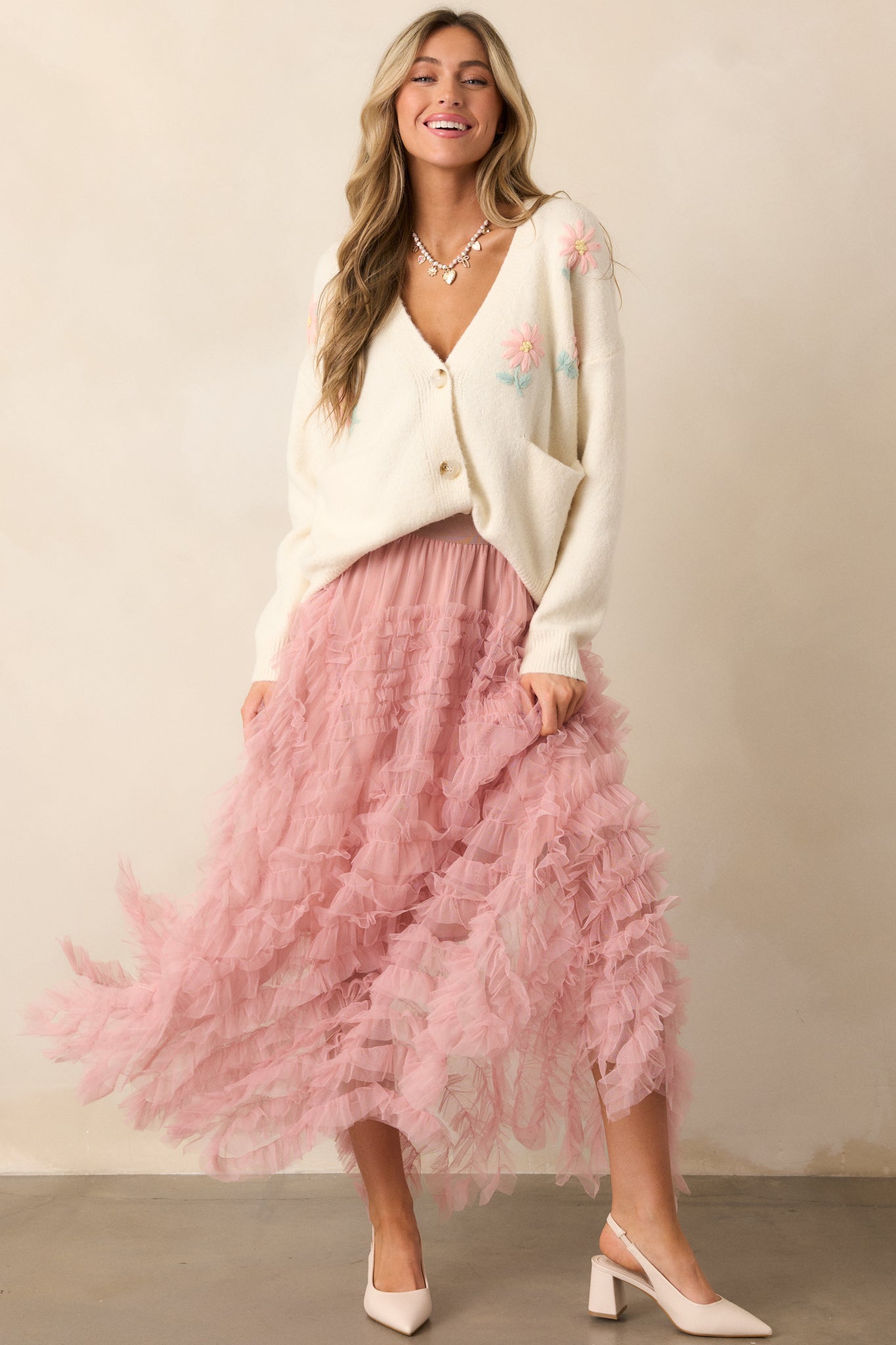 Shopping Spree Rose Tulle Midi Skirt