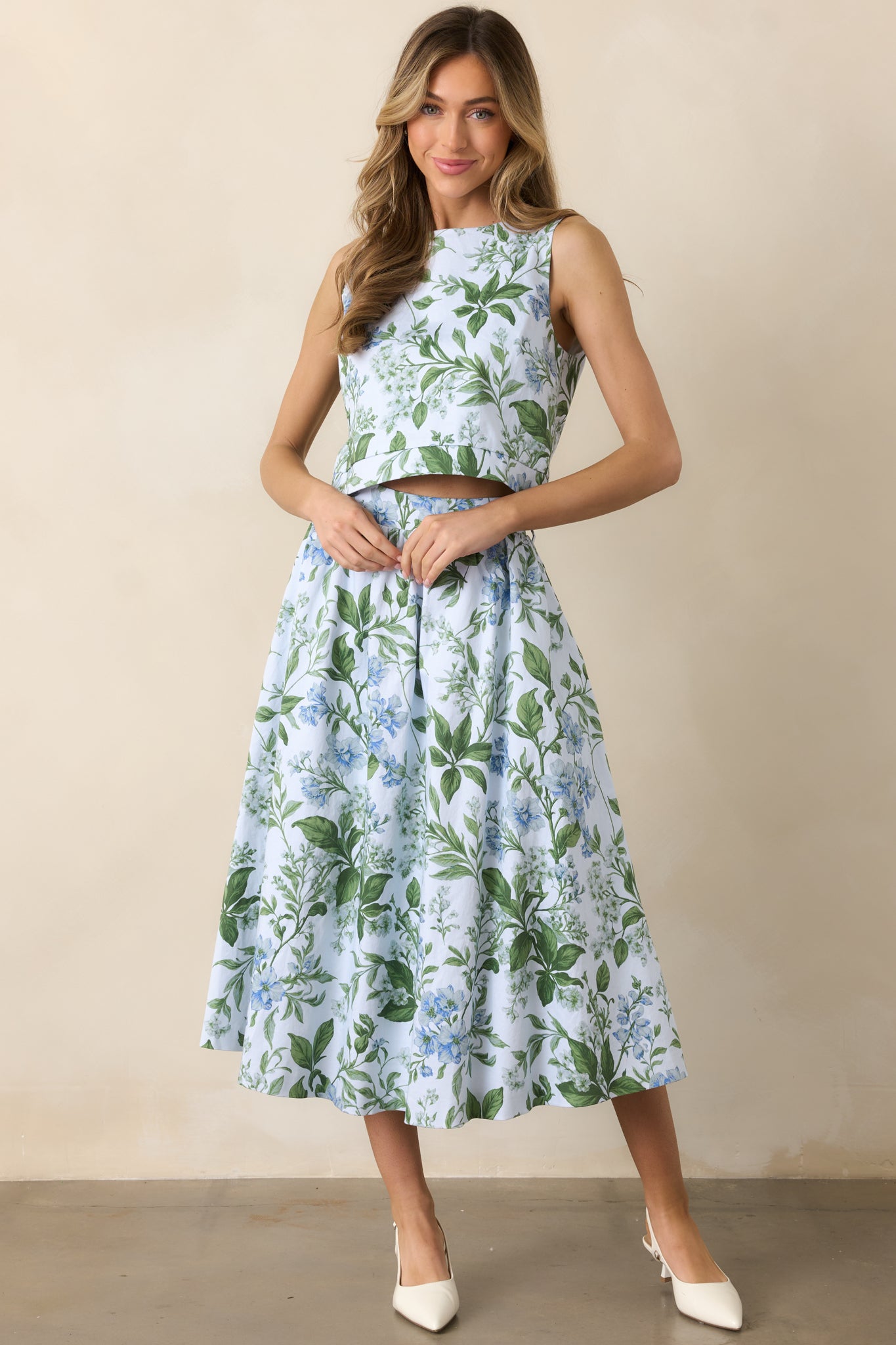 Thena Blue Lilacs Botanical Belted Midi Skirt