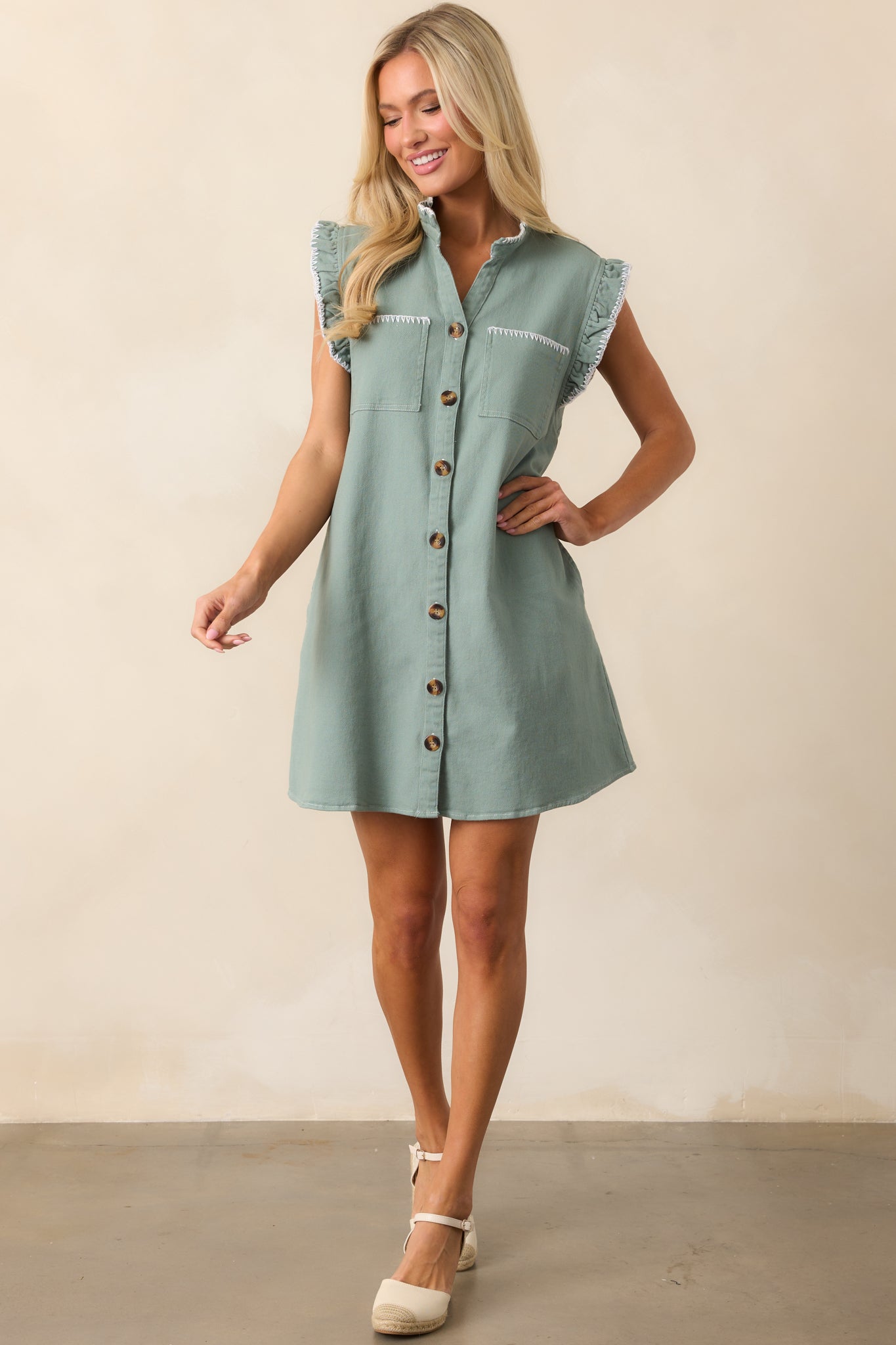 Bed & Breakfast Sage Green Button Front Mini Dress