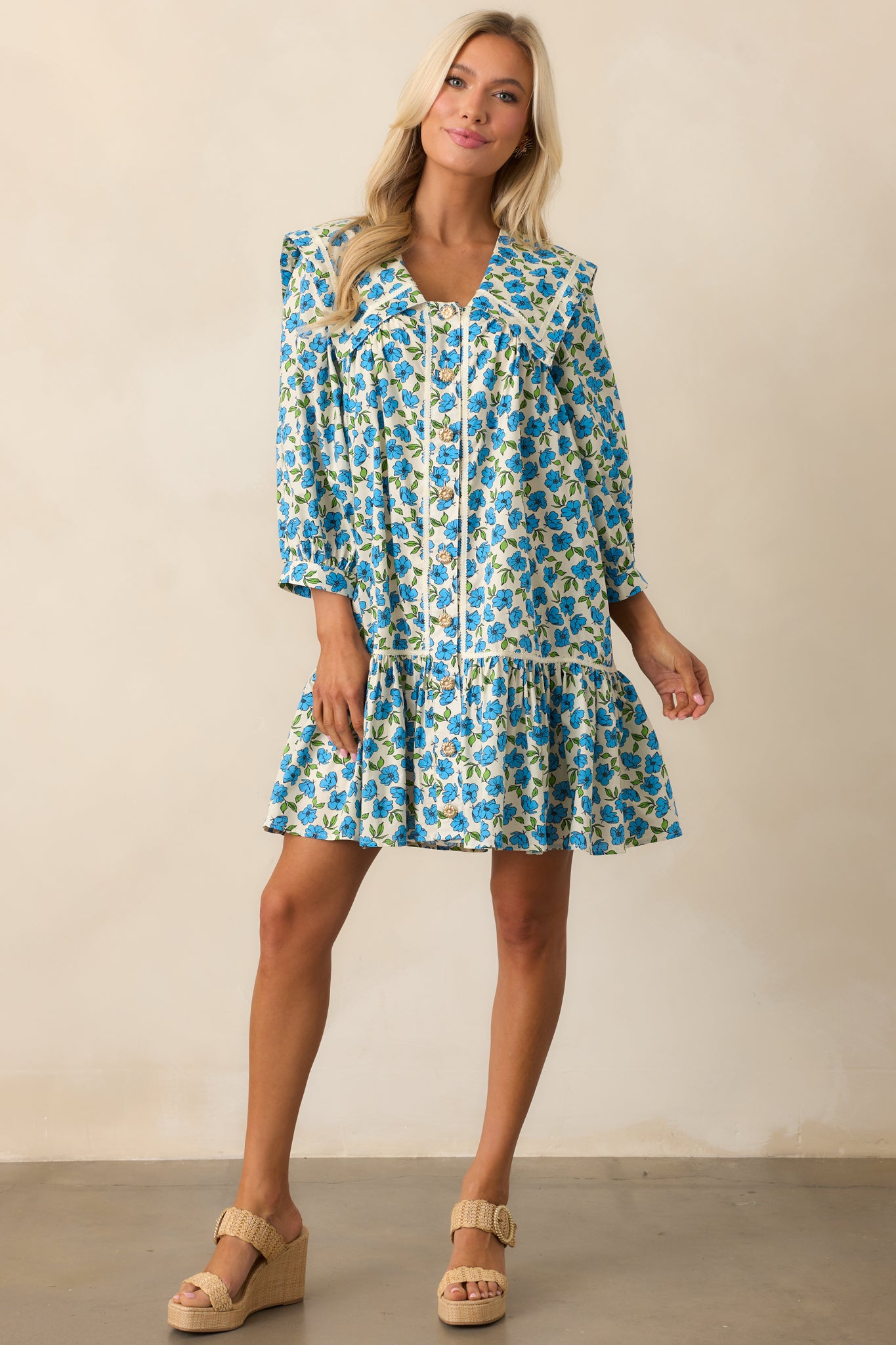 Butterfly Garden Blue Cotton Button Front Mini Dress