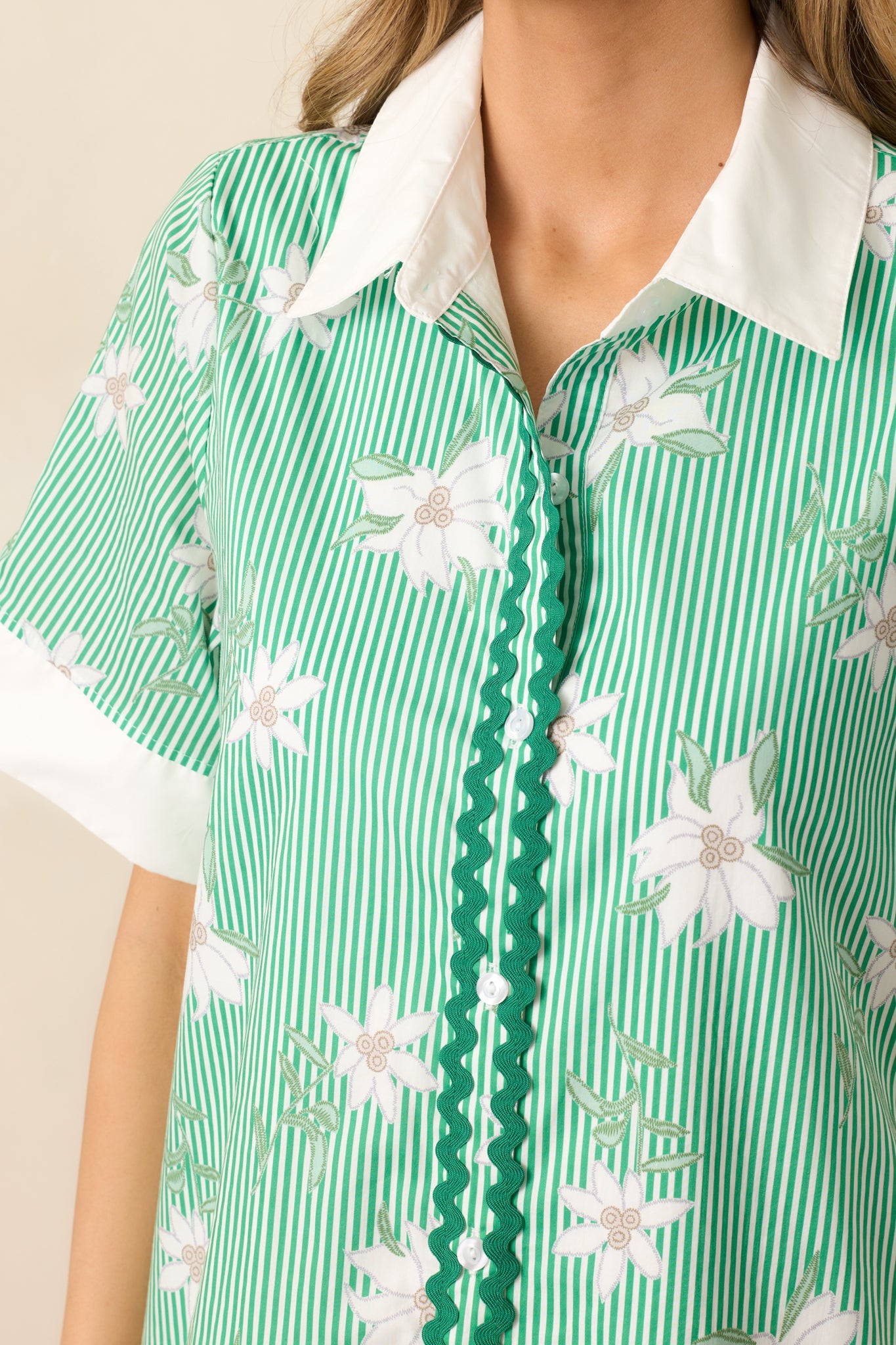 Lunch In The City Green Floral Cotton Mini Shirt Dress