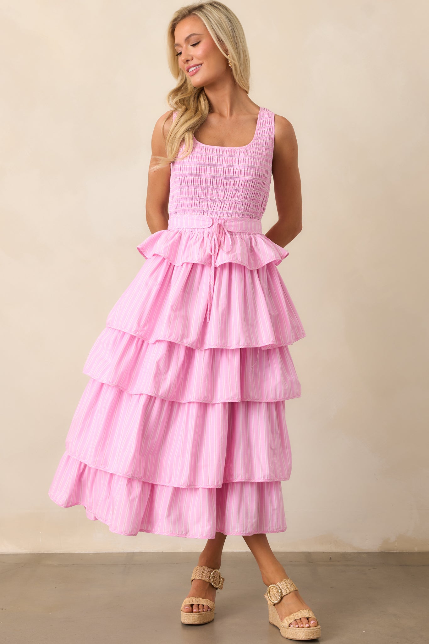 On Cloud Nine Pink Stripe Cotton Ruffle Midi Dress