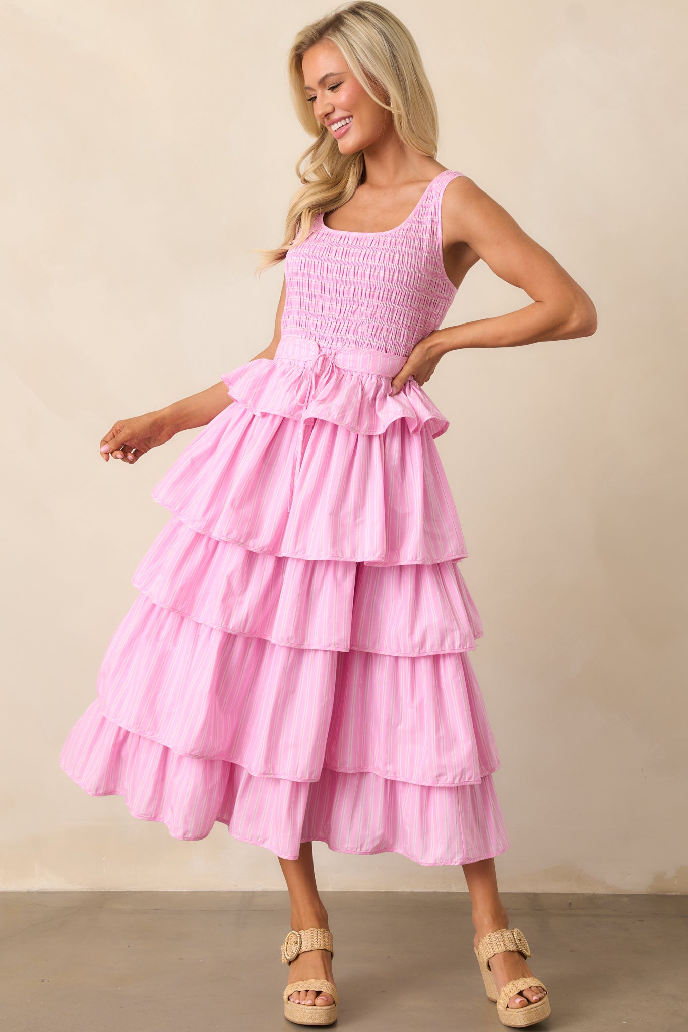 On Cloud Nine Pink Stripe Cotton Ruffle Midi Dress