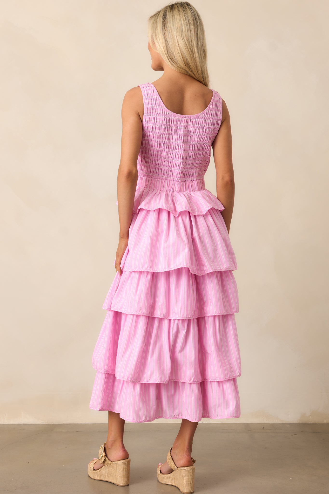 On Cloud Nine Pink Stripe Cotton Ruffle Midi Dress