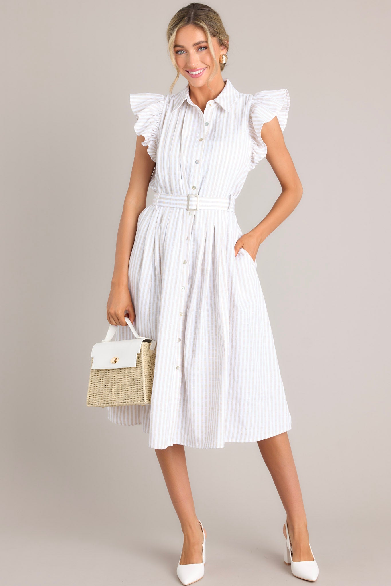 Simple Statement Taupe and White Stripe Button Front Midi Dress