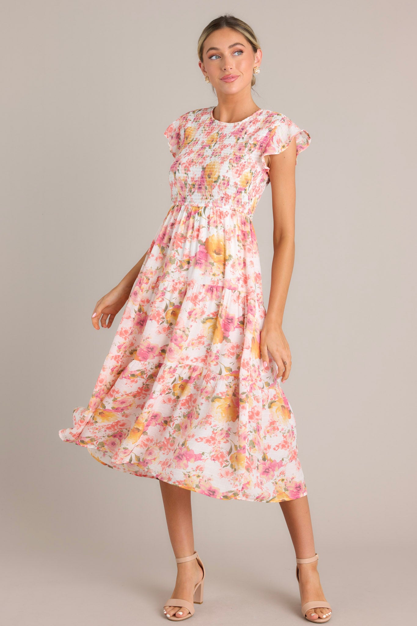 New pink and white outlet floral smocked dress