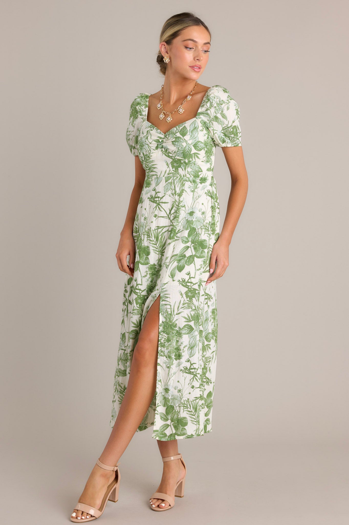 Green floral midi dress with sleeves hotsell