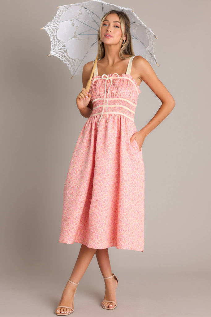 Petal Waltz Pink Coral Floral Jacquard Midi Dress