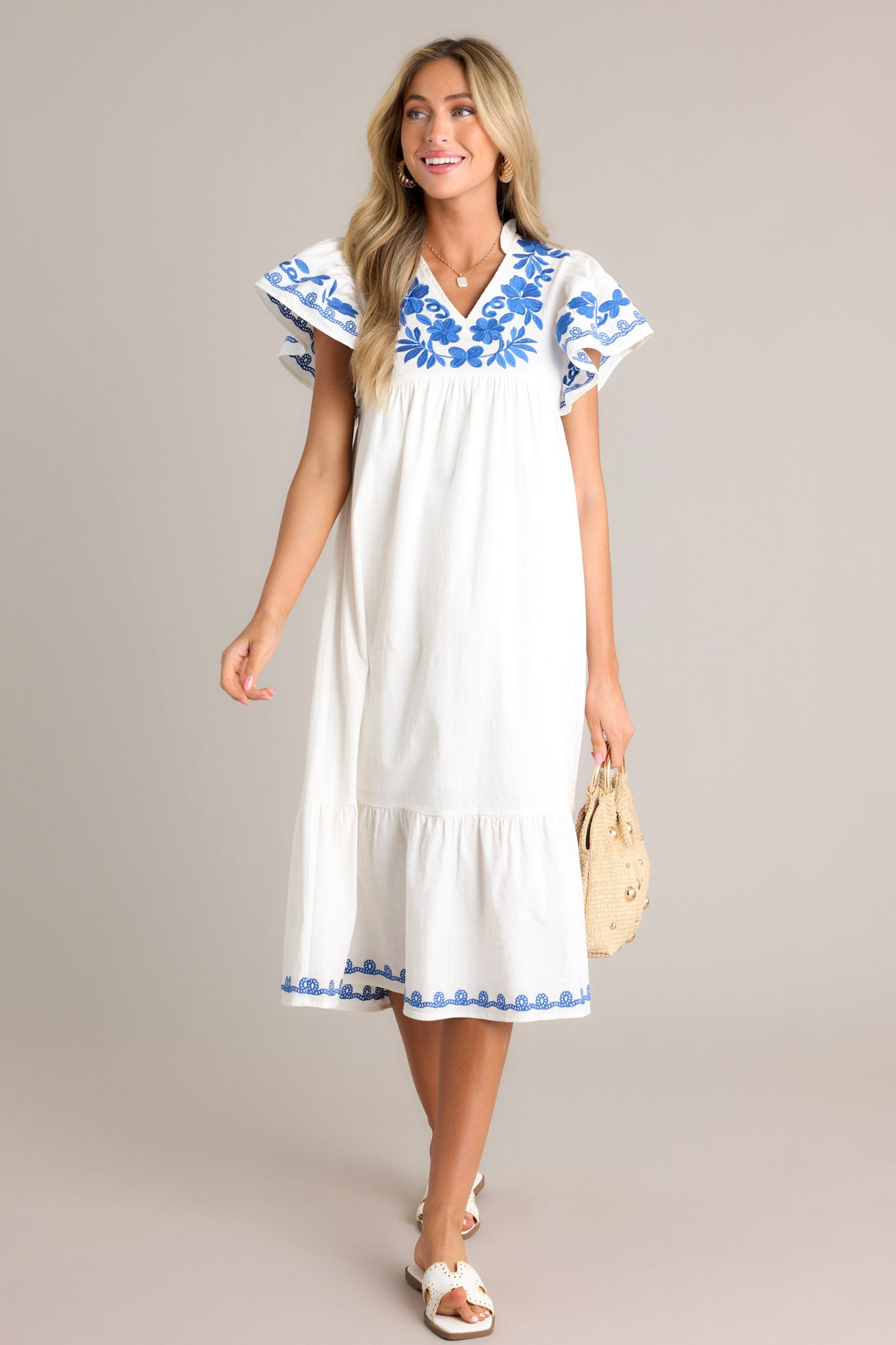 Ivory Embroidered Midi Dress - All Dresses | Red Dress