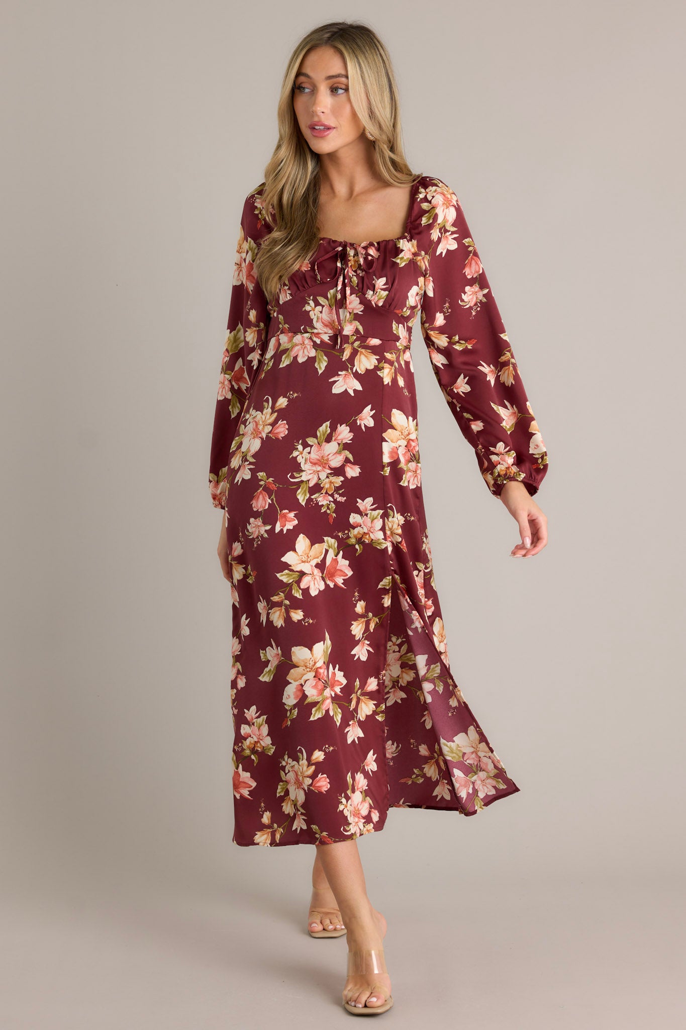 Burgundy Floral Long Sleeve Midi Dress - All Dresses | Red Dress