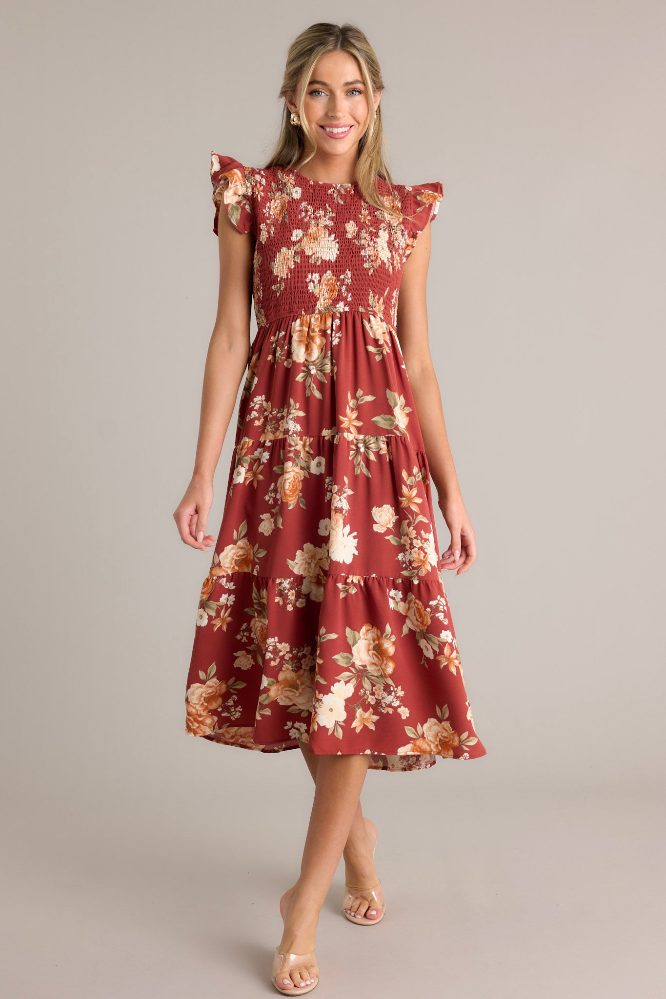 Red Floral Midi Dress - All Dresses | Red Dress