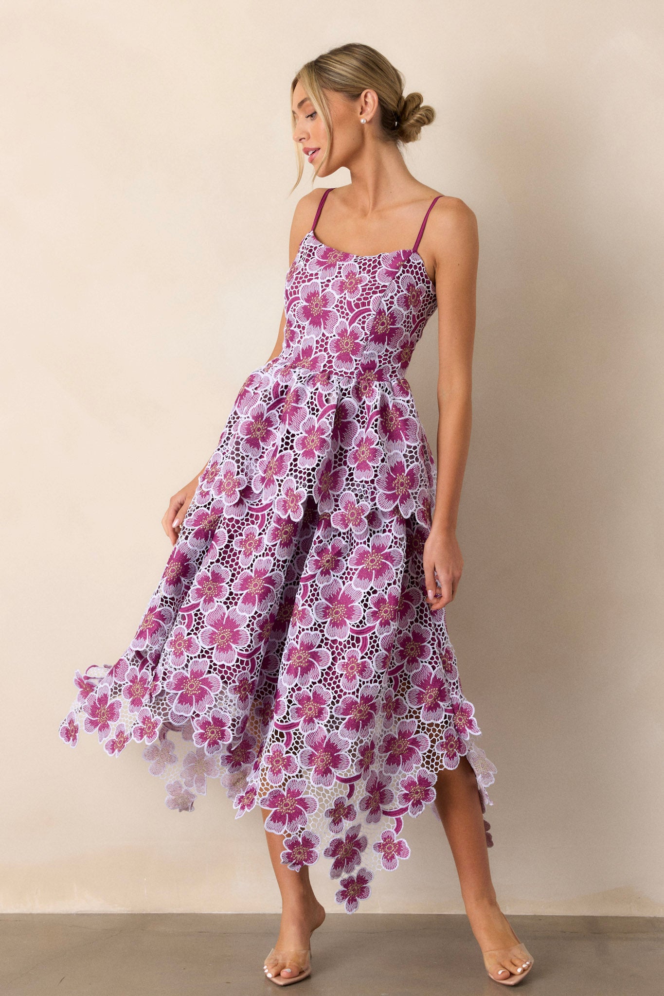 Light Plum Floral Embroidered Midi Dress - All Dresses | Red Dress