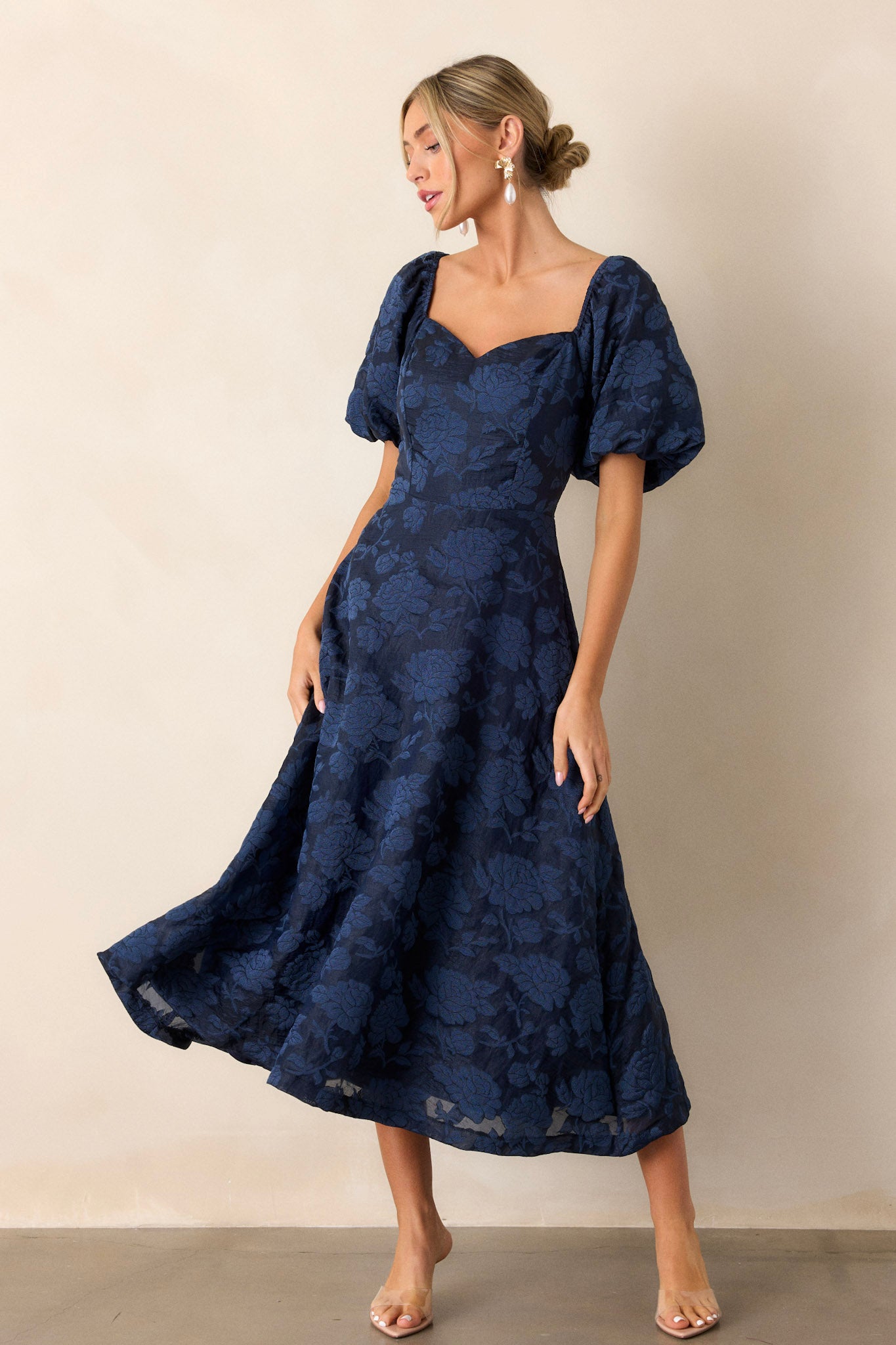 Navy Floral Jacquard Midi Dress - All Dresses | Red Dress