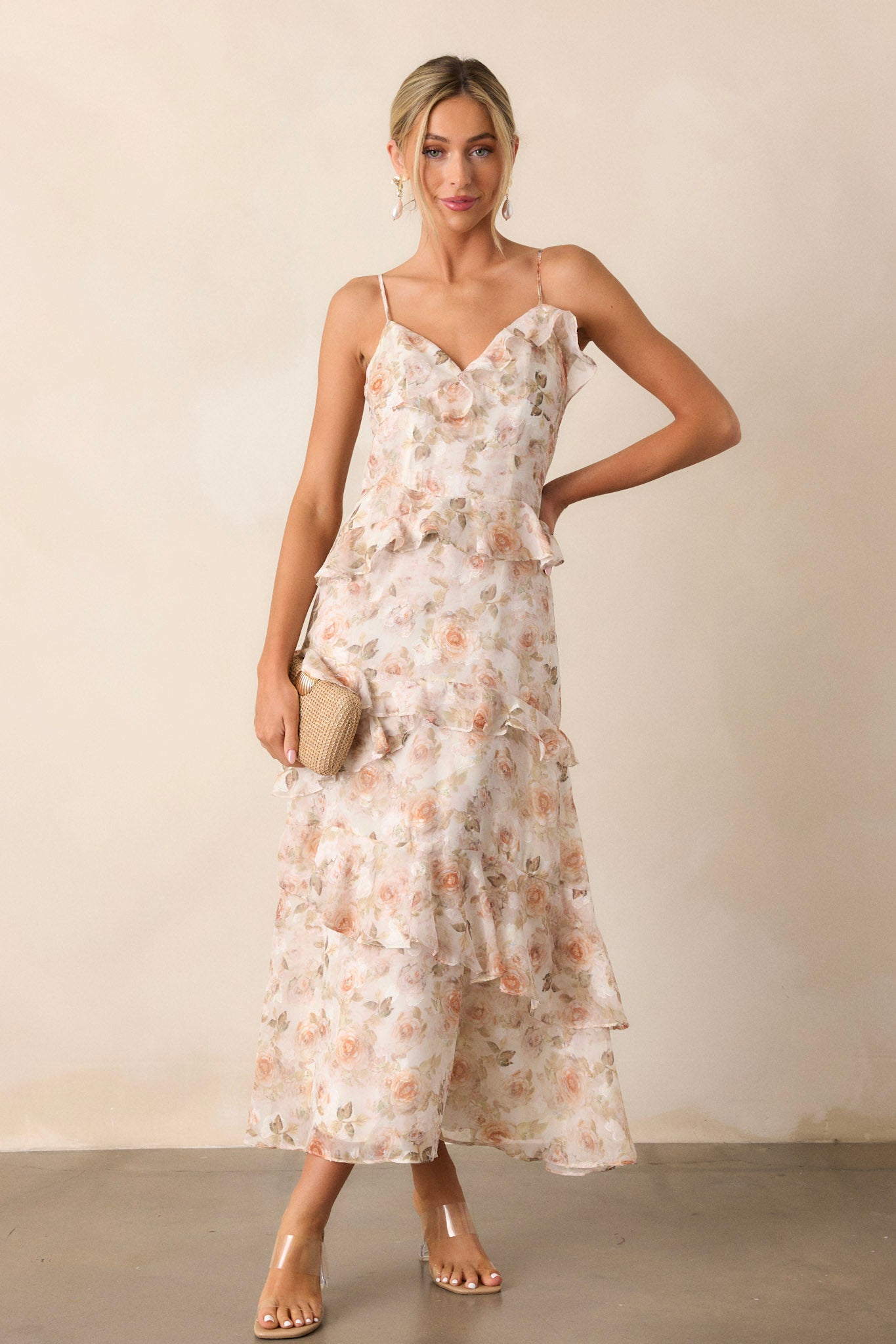 Ivory Floral Ruffle Midi Dress All Dresses Red Dress