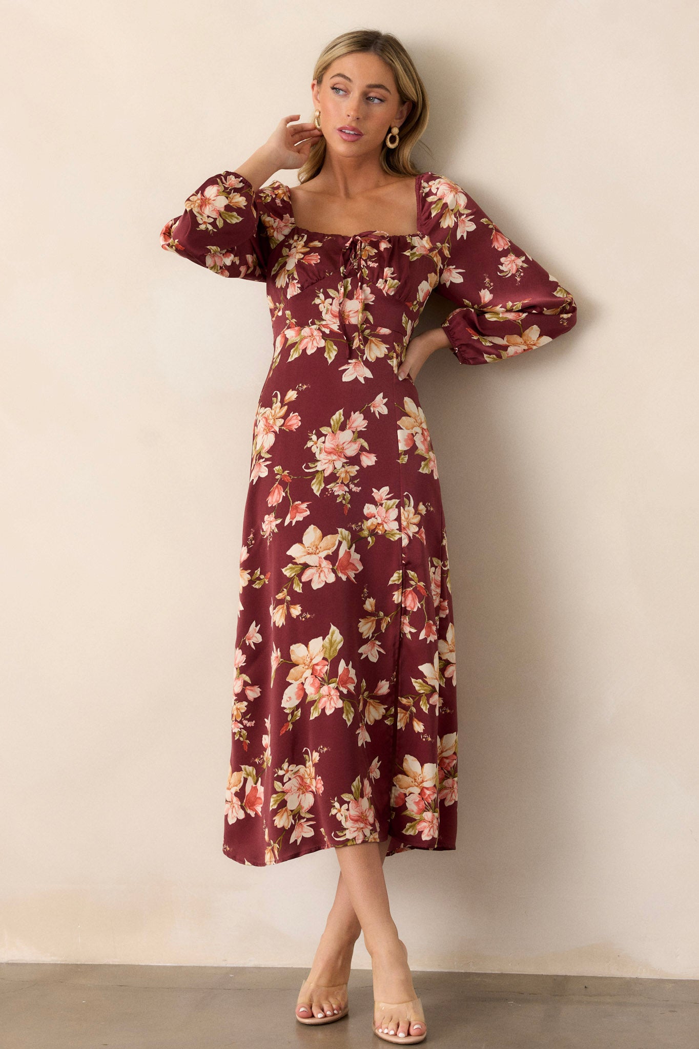 Burgundy dress with flowers best sale