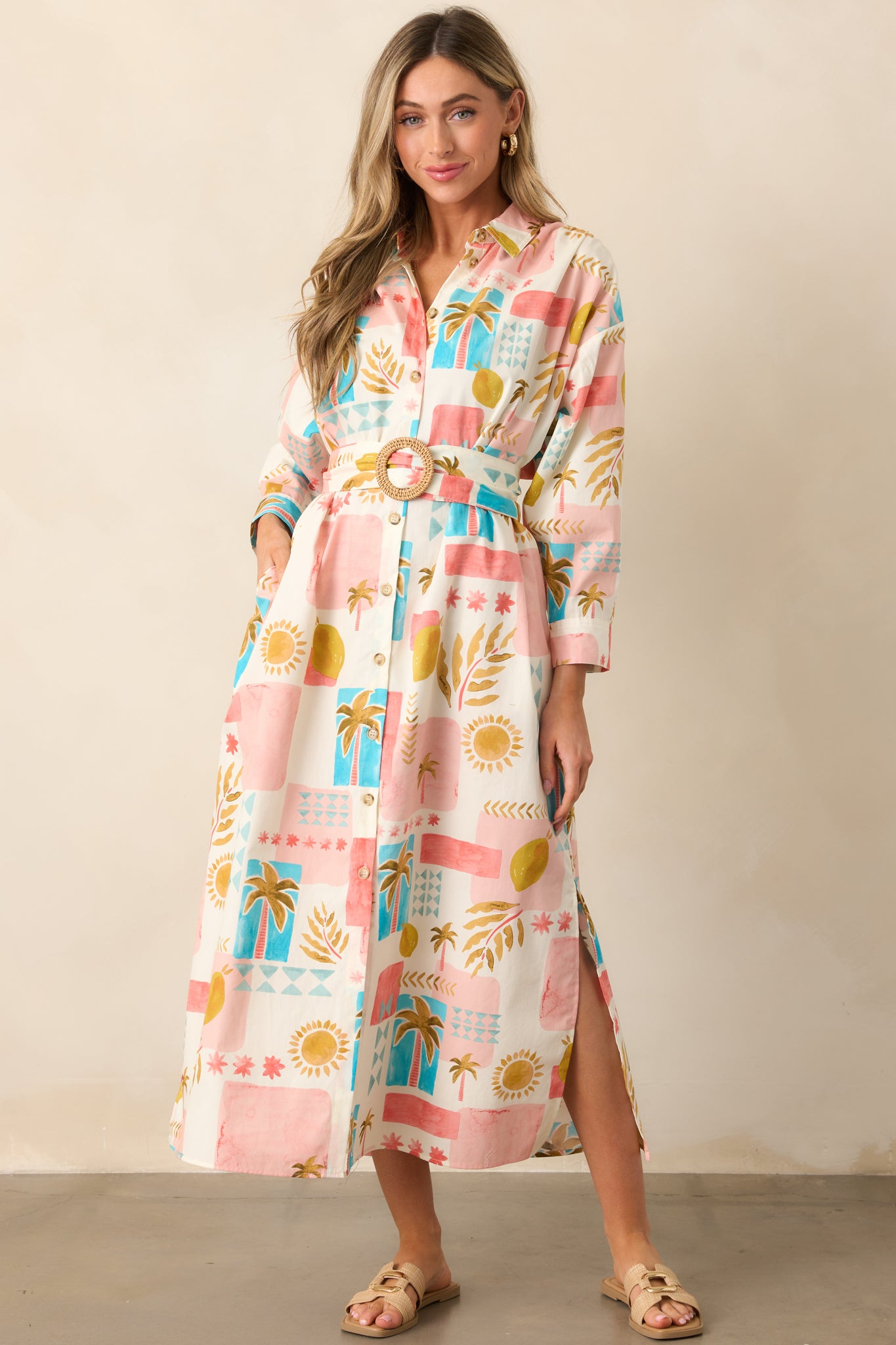 Palms & Paradise Pink Multi Tropical Print Button Front Midi Dress