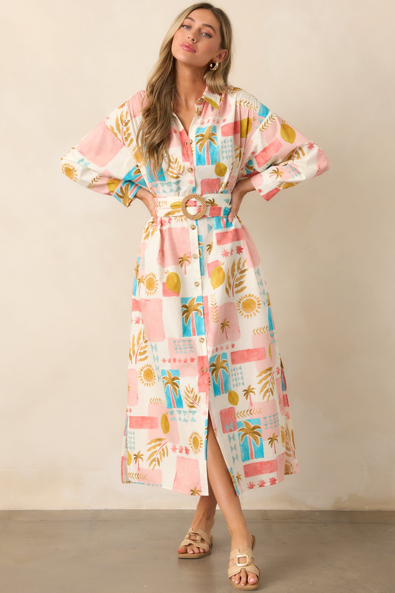 Palms & Paradise Pink Multi Tropical Print Button Front Midi Dress