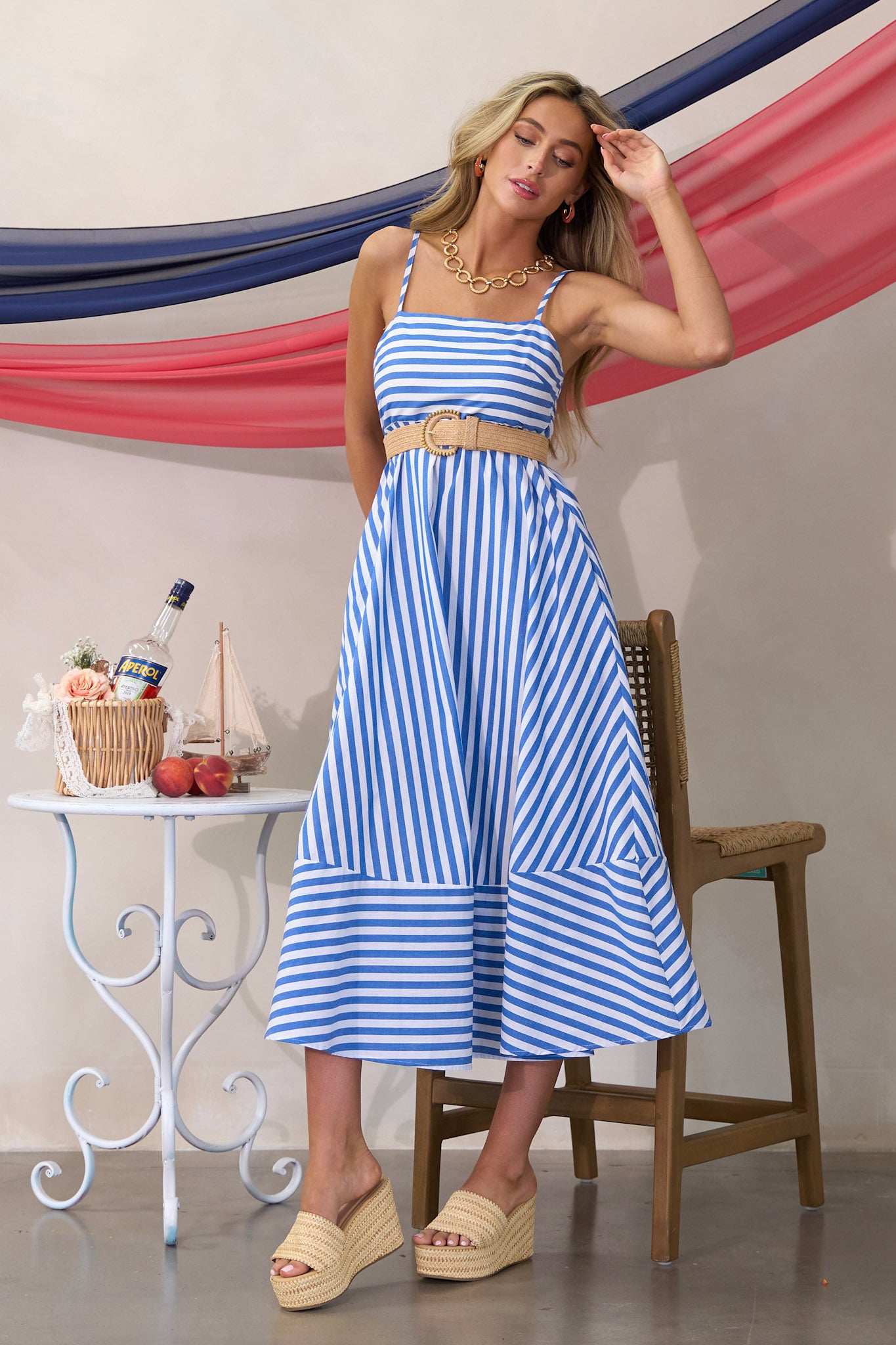 100 Cotton Blue Stripe Midi Dress All Dresses Red Dress