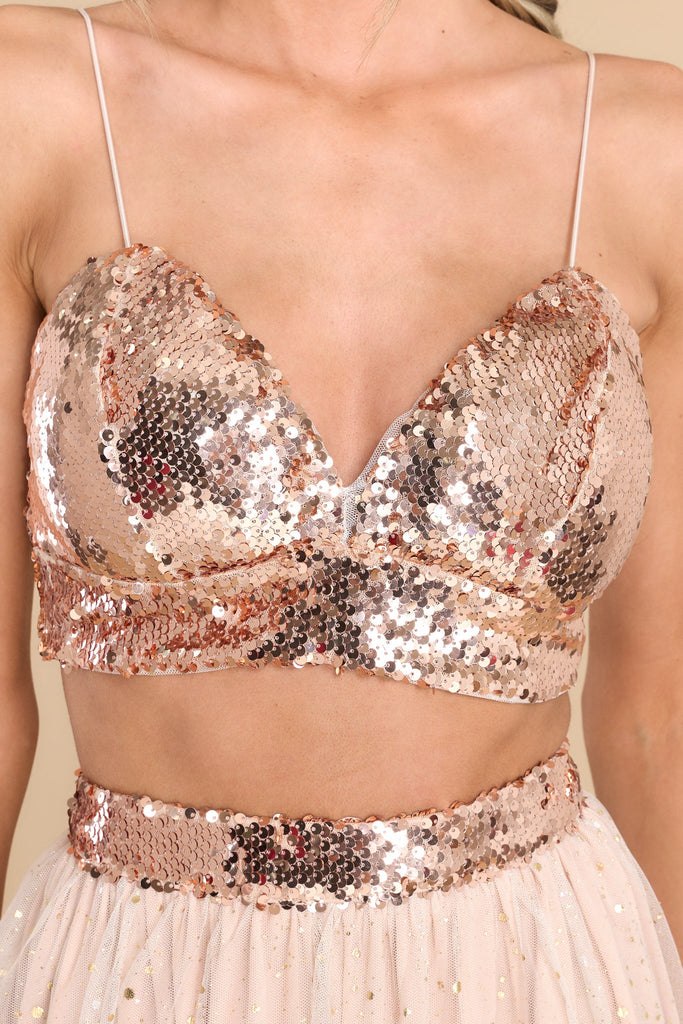 Rose Gold Sequin Bralet ($12) ❤ liked on Polyvore featuring tops