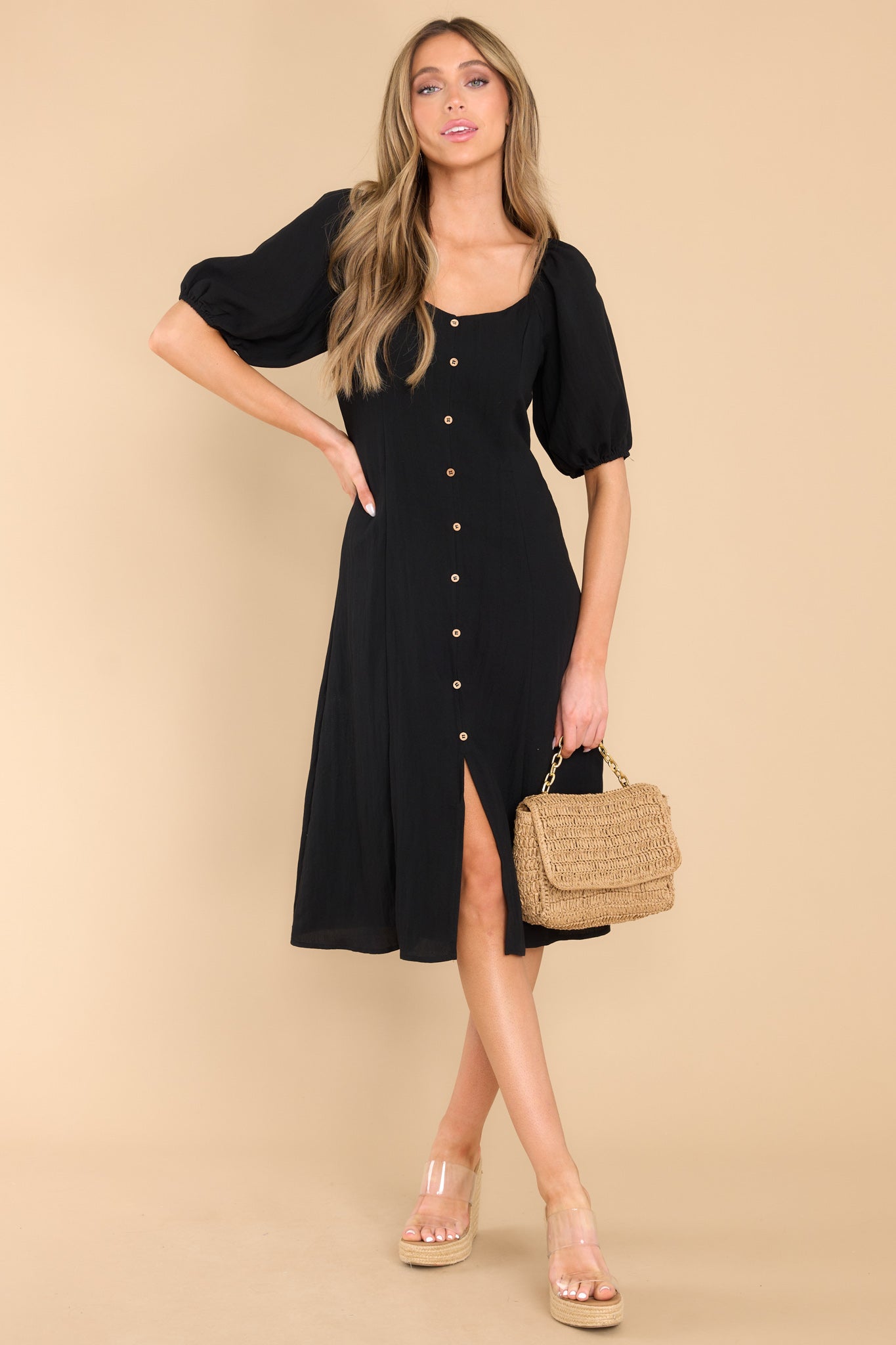 Gorgeous Puff Sleeves Black Midi Dress - All Dresses | Red Dress