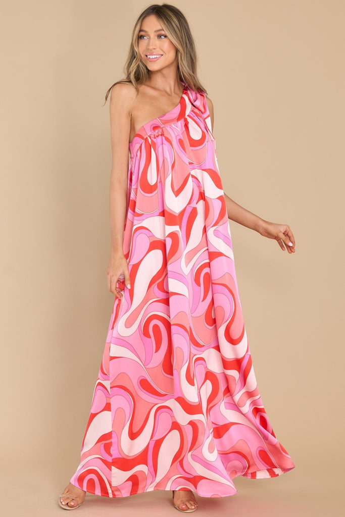 Beautiful Pink Print One Shoulder Maxi Dresses Red Dress 0779