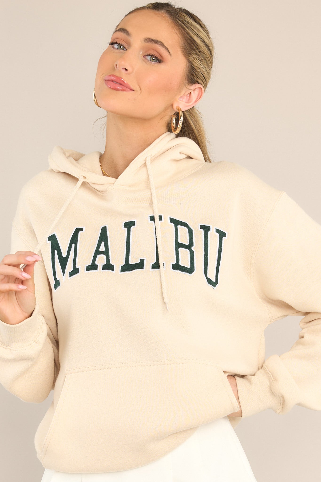 Front view of this hoodie that features embroidered "Malibu" text, a drawstring hood, a kangaroo pocket, and a relaxed fit.