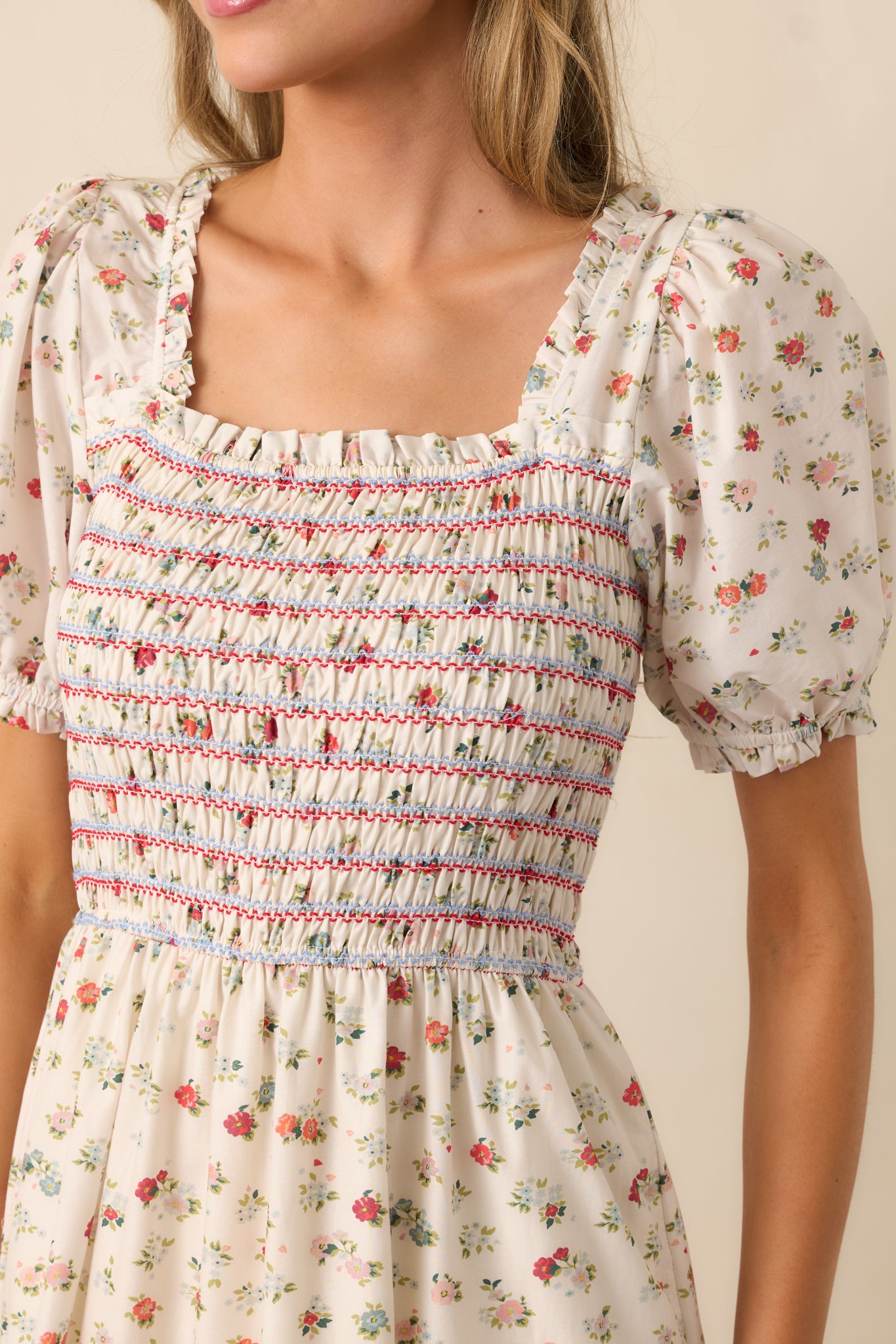 A close-up view of the ruffle neckline, smocked texture, and floral print highlights the craftsmanship and delicate accents.