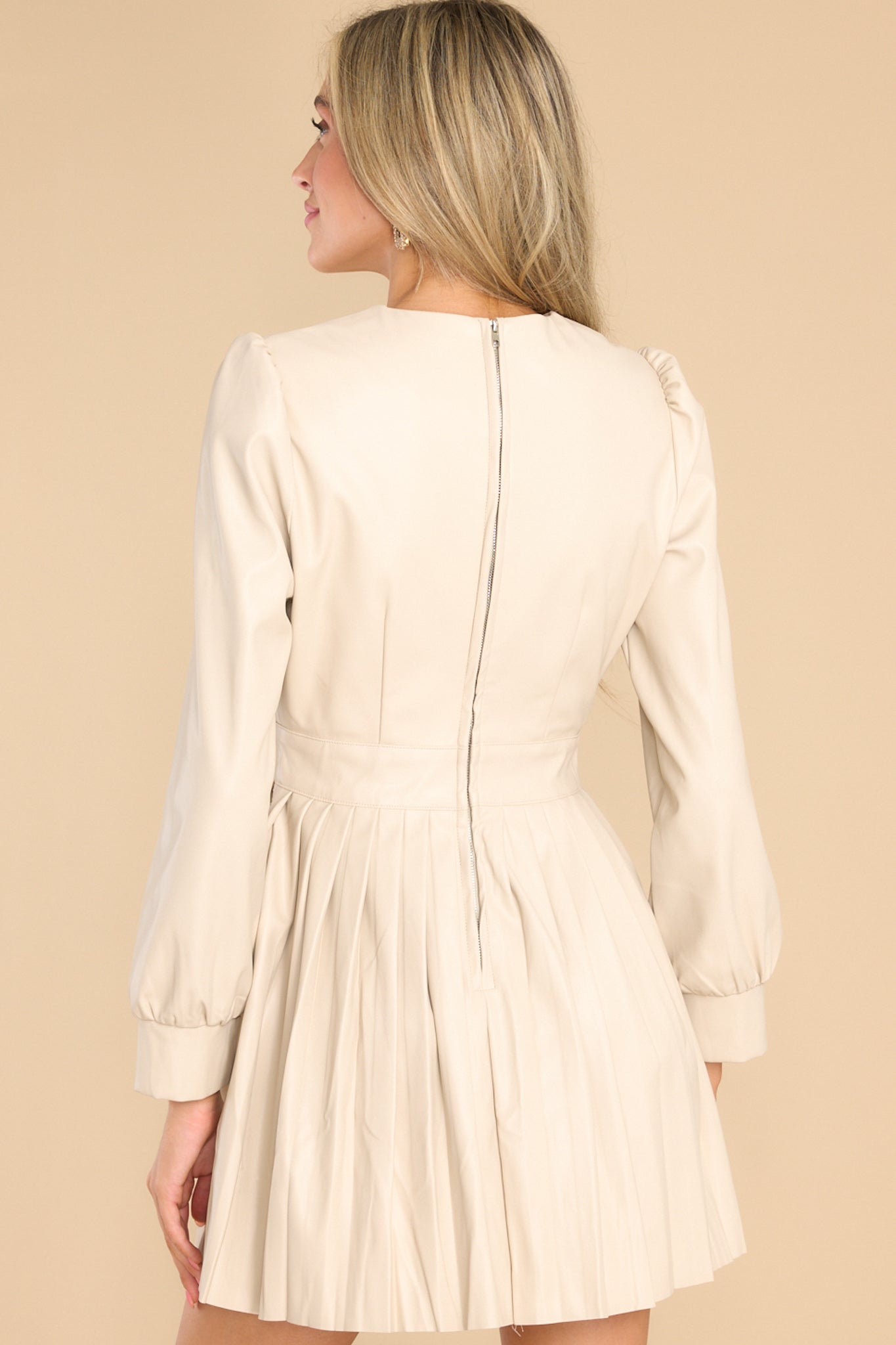 Back view of this dress that features slight puff sleeves with cuffs, a back zipper closure, and a pleated skirt.