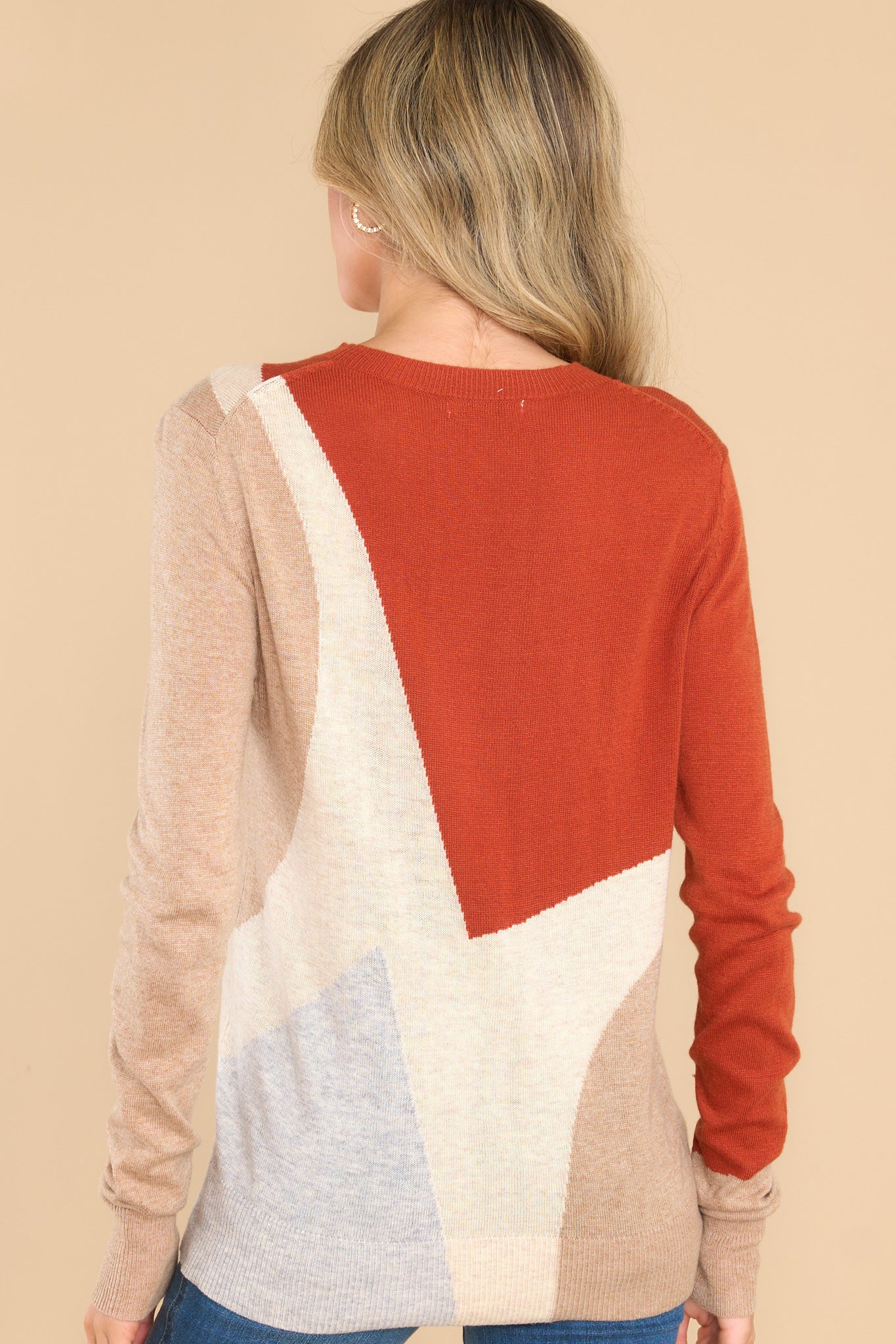 Back view of this sweater that features a crew neckline, ribbed cuffs and hem, a multi-colored geometric pattern, and a soft knit material.