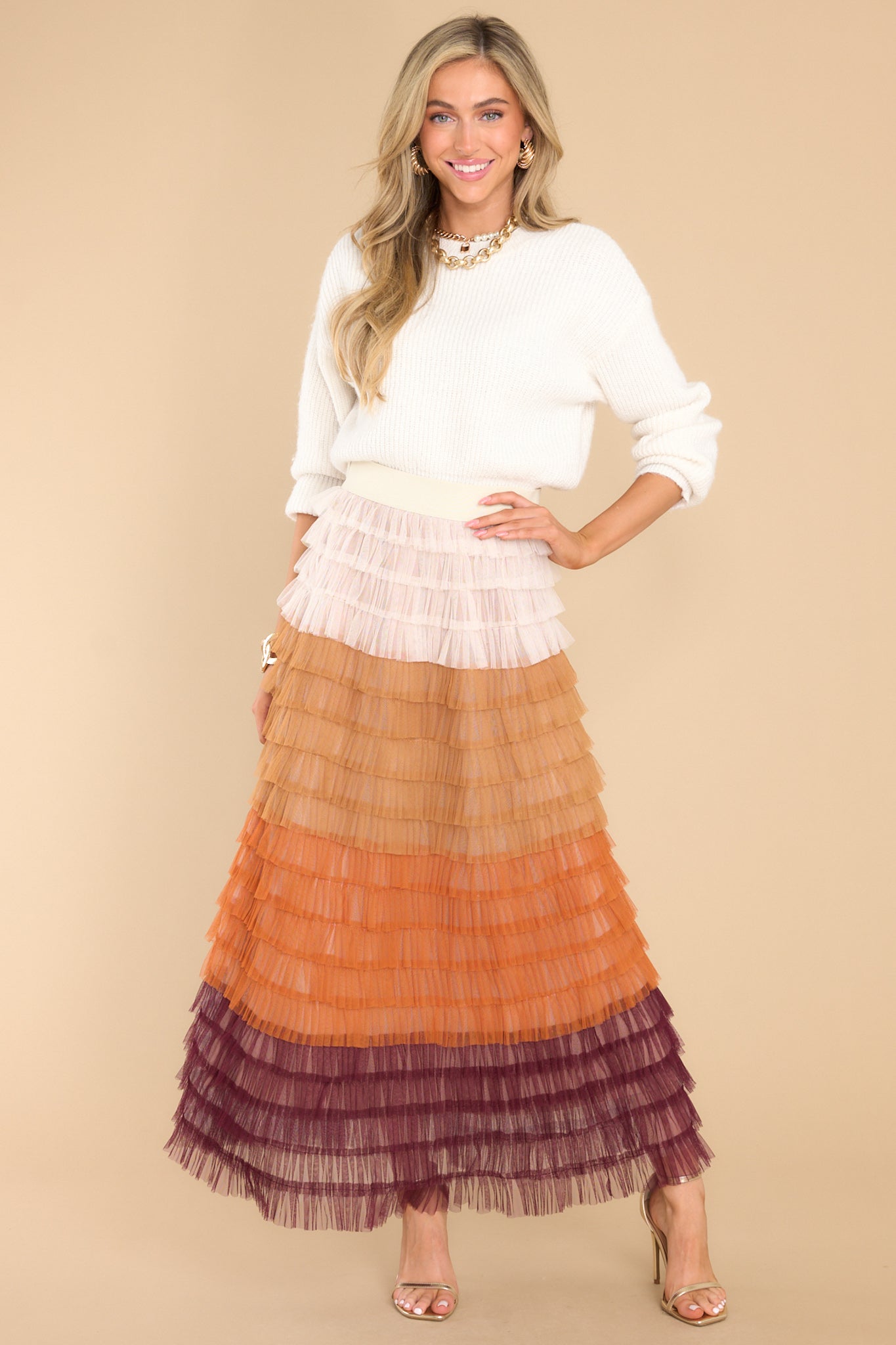 Full body view of this skirt that features a high waist design and an elastic waistband.