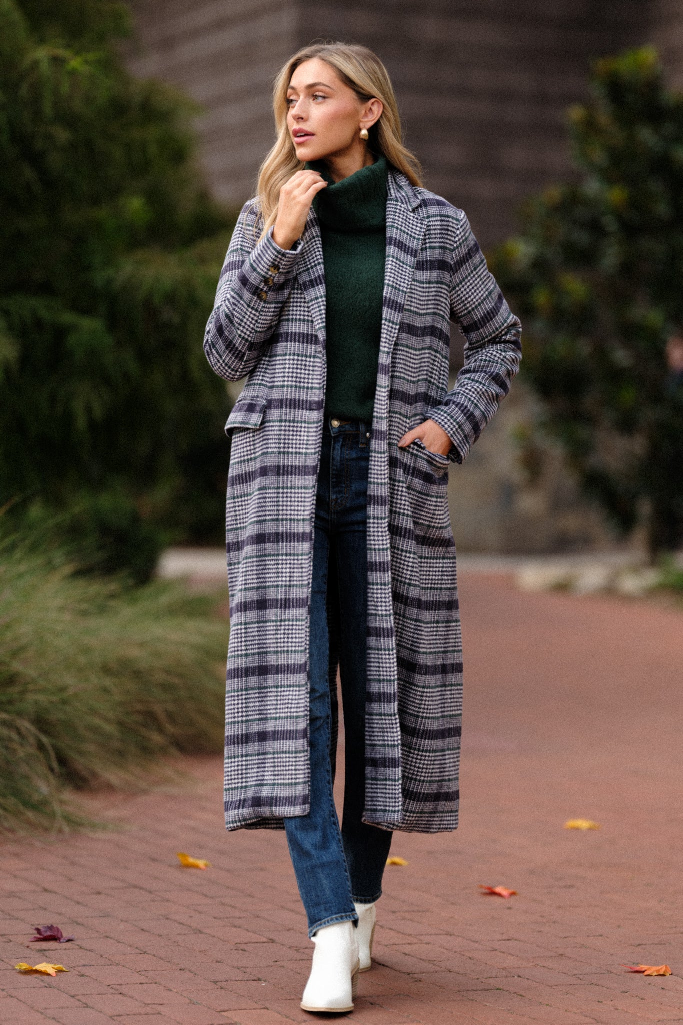 Fireside Chats Navy Plaid Trench Coat