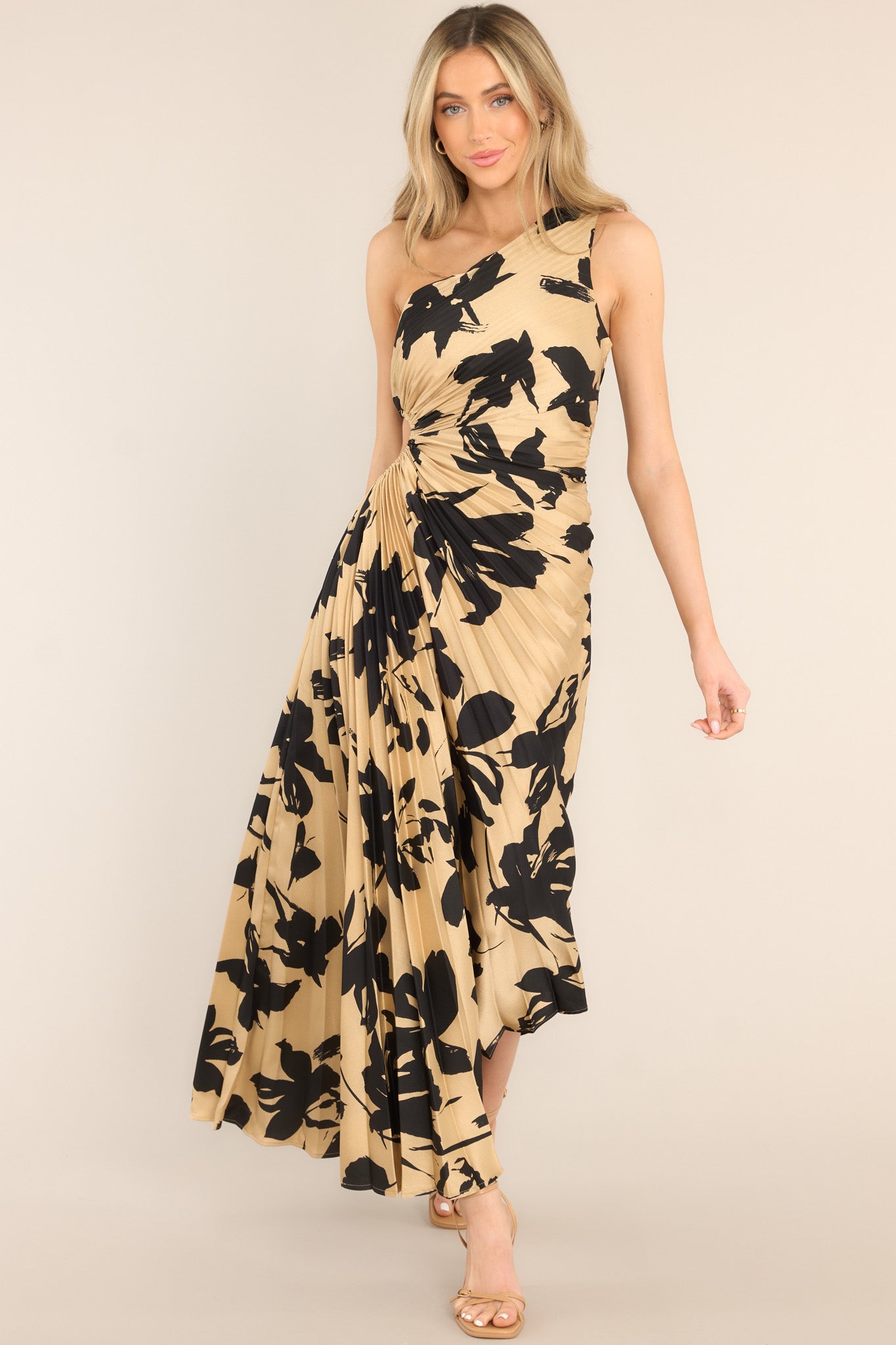 Tan Print Cut-Out Pleated Maxi Dress - Maxi Dresses | Red Dress