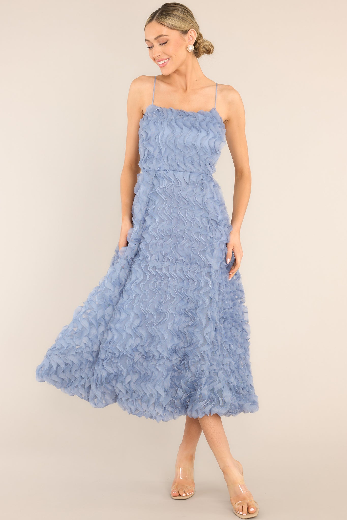 Dusty Blue Ruffle Midi Dress Wedding Guest Dress Red Dress