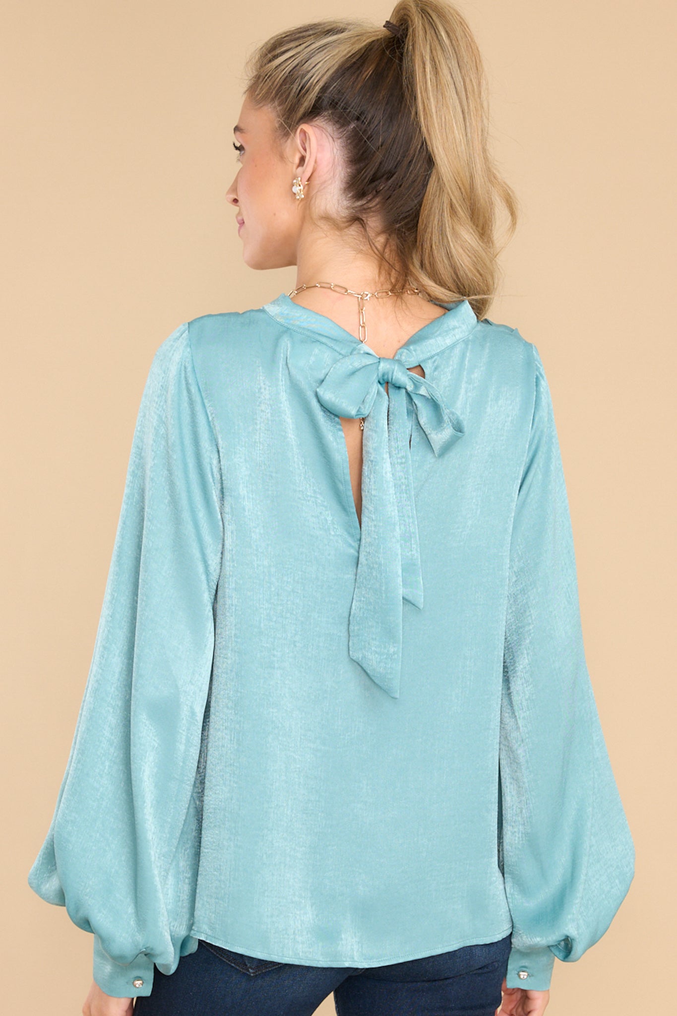 Stunning Seafoam Satin Top Blouses Shirts Red Dress