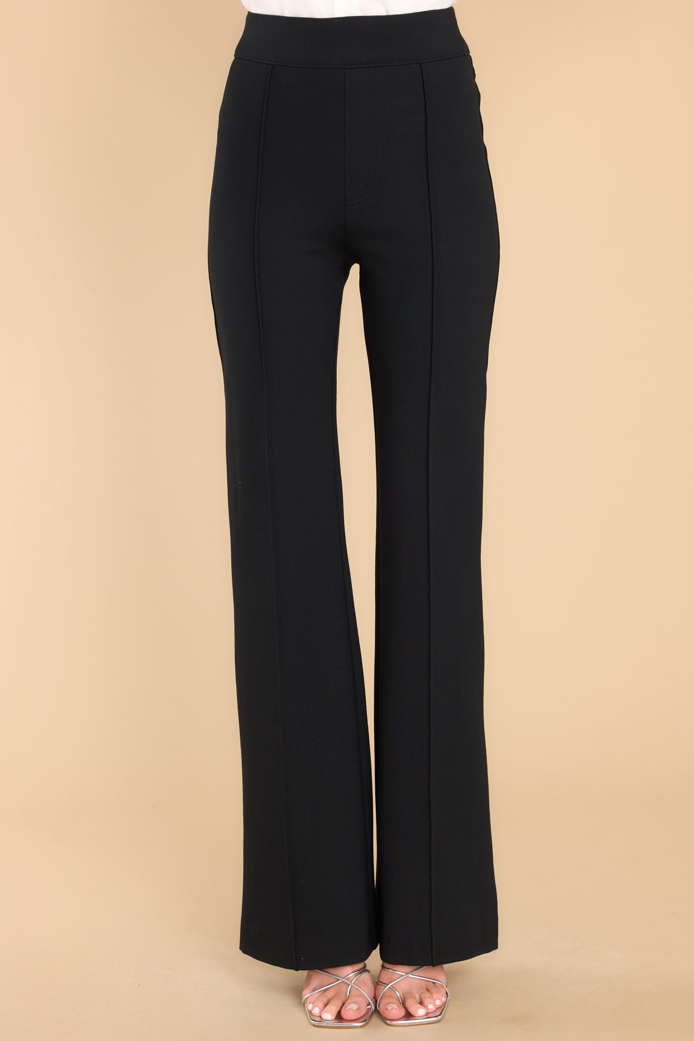 Front view of these pants that are constructed from stretchy premium ponte fabric that feature a pull-on design that hits about natural waist. They are designed with The Slim is Built In™ - Gut Check™ hidden shaping.