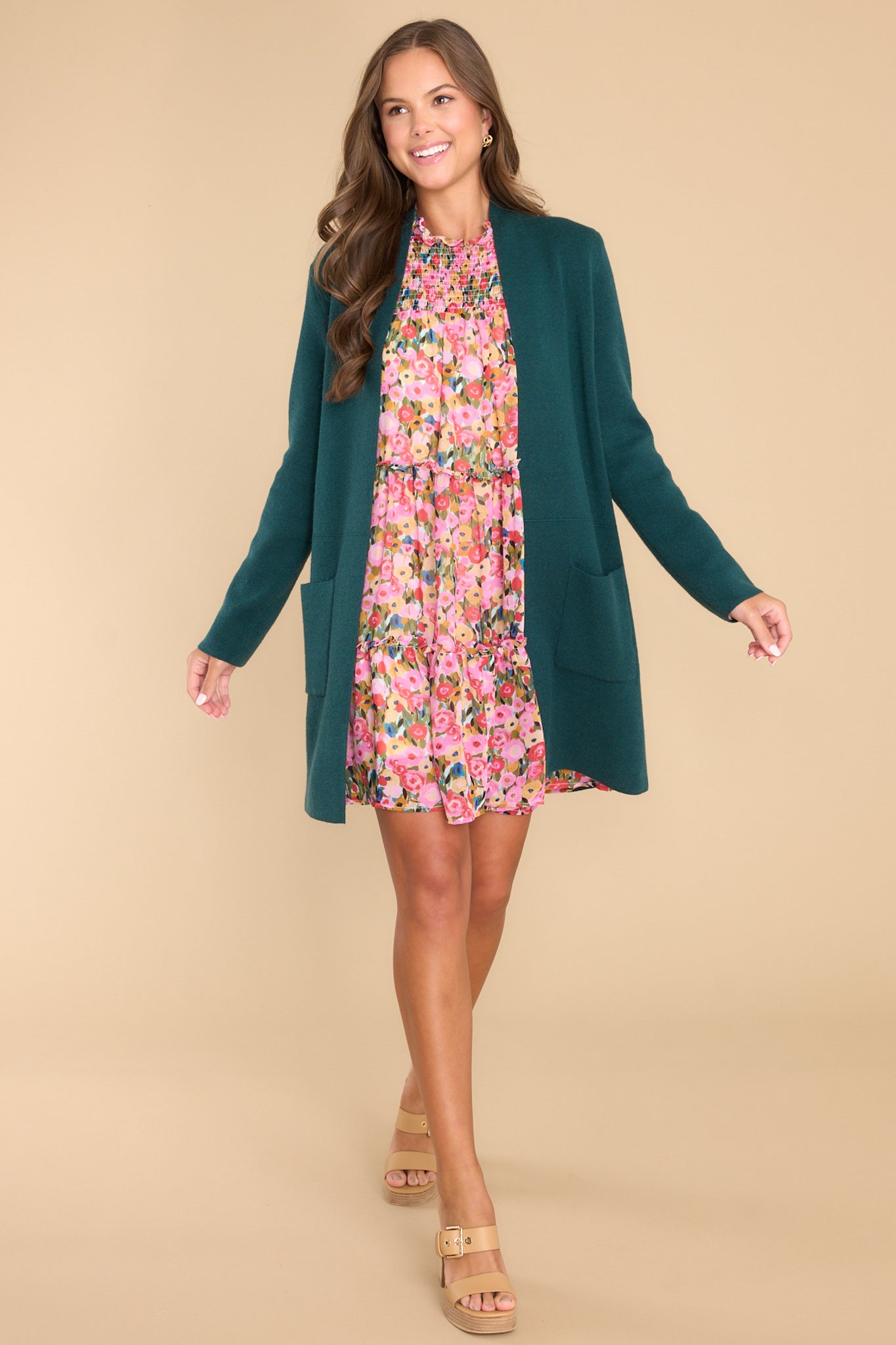 Full body view of this dress that showcases the floral print.