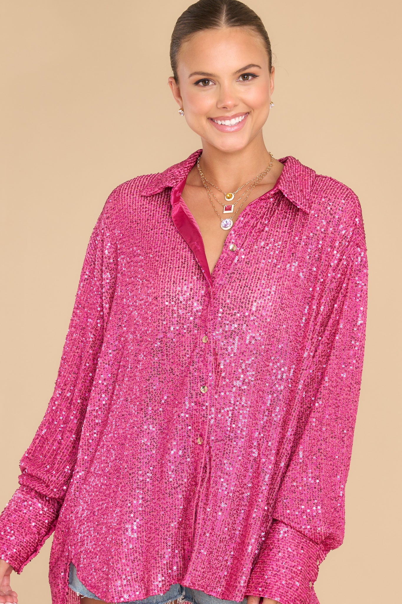 Dazzling Pink Sequined Top - Sparkle Tops | Red Dress