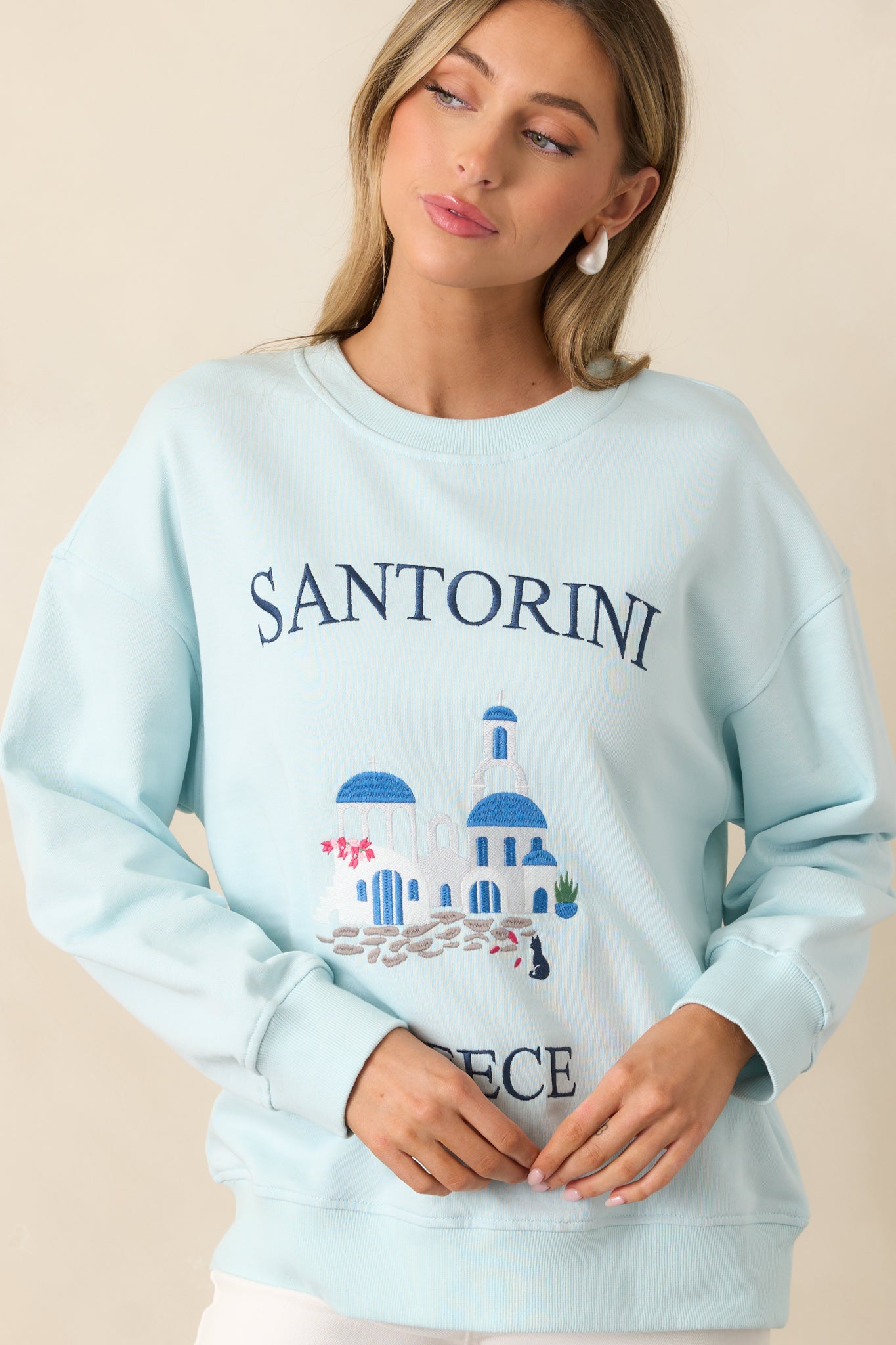 Santorini Dreaming Light Blue Crew Neck Sweatshirt