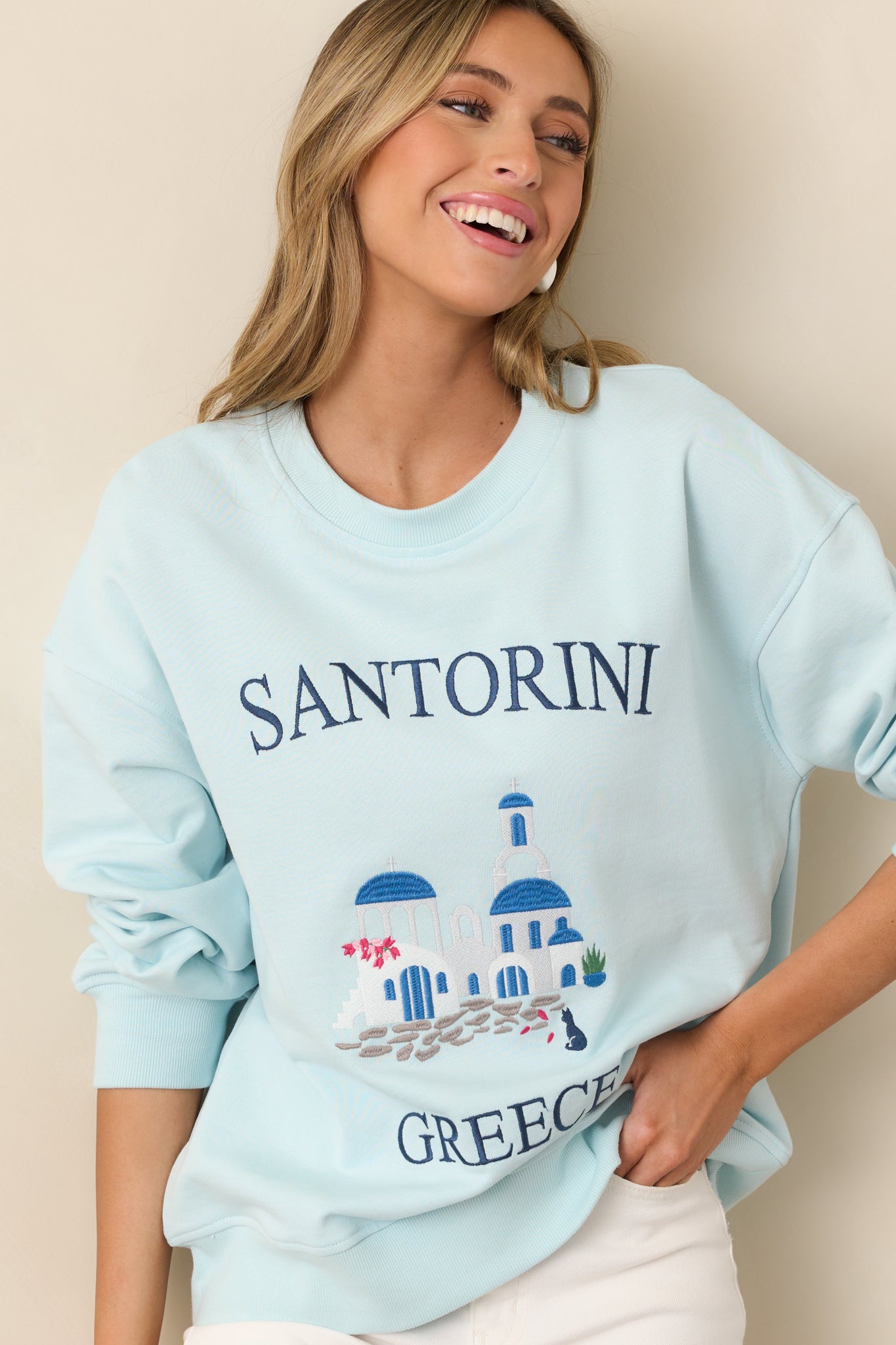 Santorini Dreaming Light Blue Crew Neck Sweatshirt