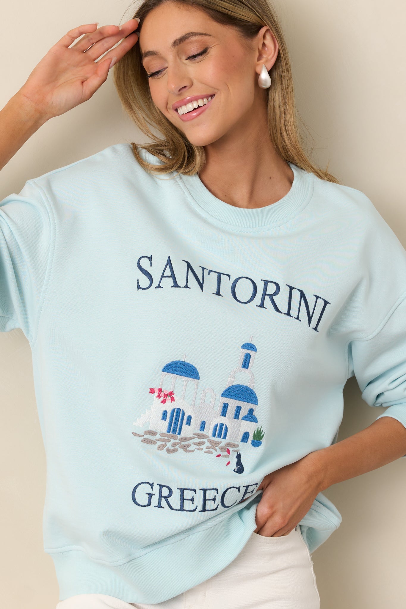 Santorini Dreaming Light Blue Crew Neck Sweatshirt