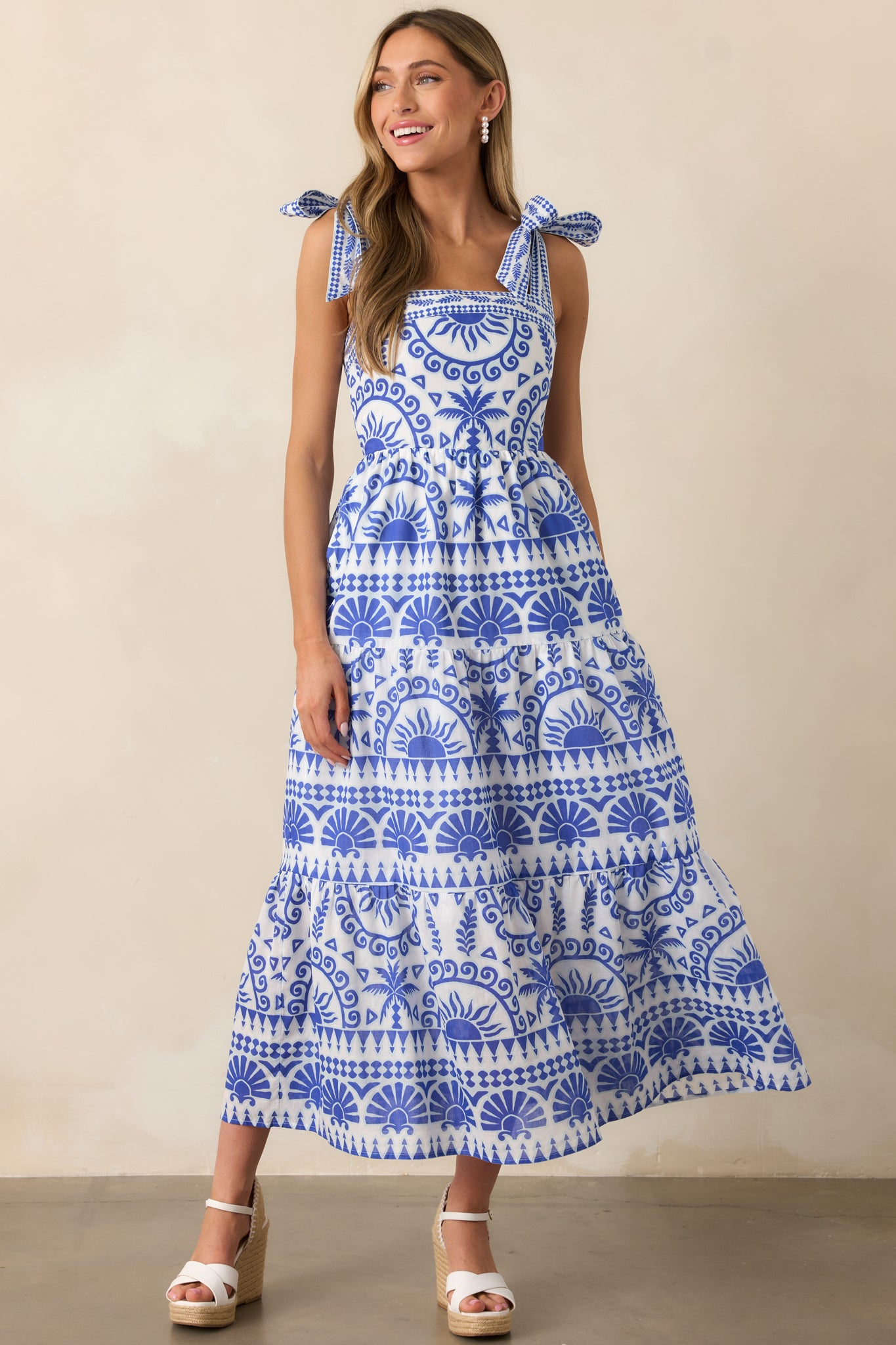 Afternoon Sips Cotton Blue Tropical Print Maxi Dress