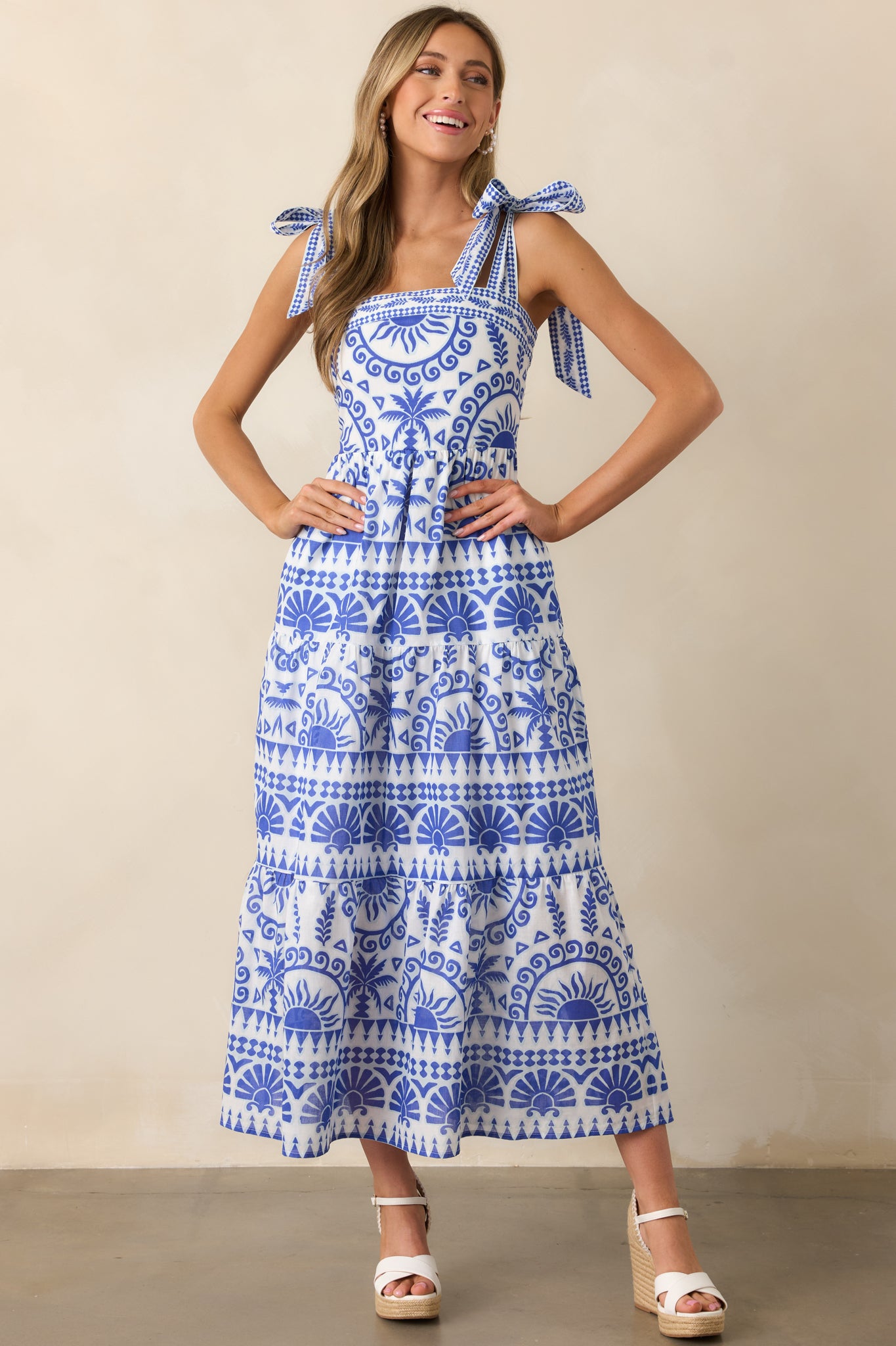 Afternoon Sips Cotton Blue Tropical Print Maxi Dress